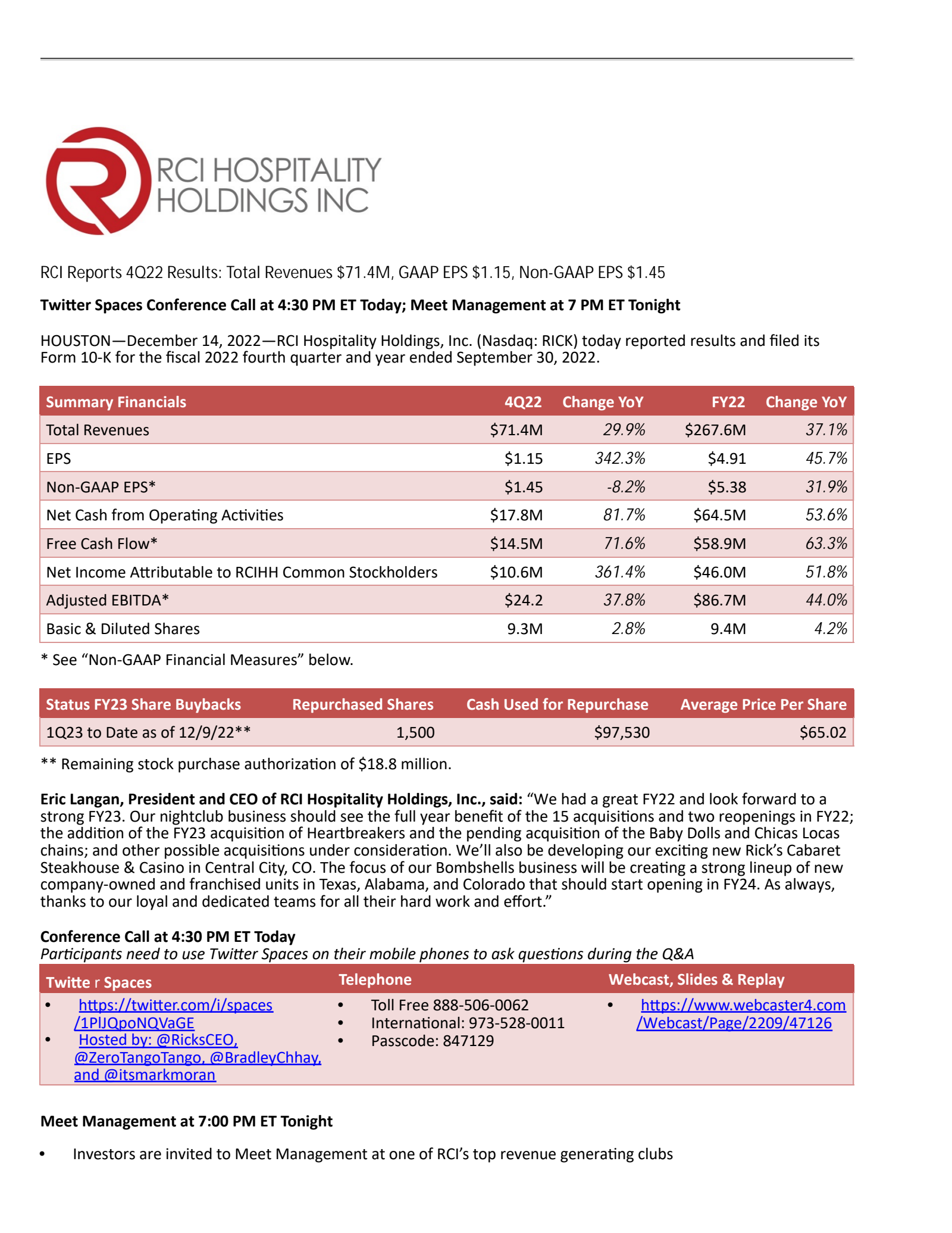 RCI Hospitality's Q4 2022 Press Release