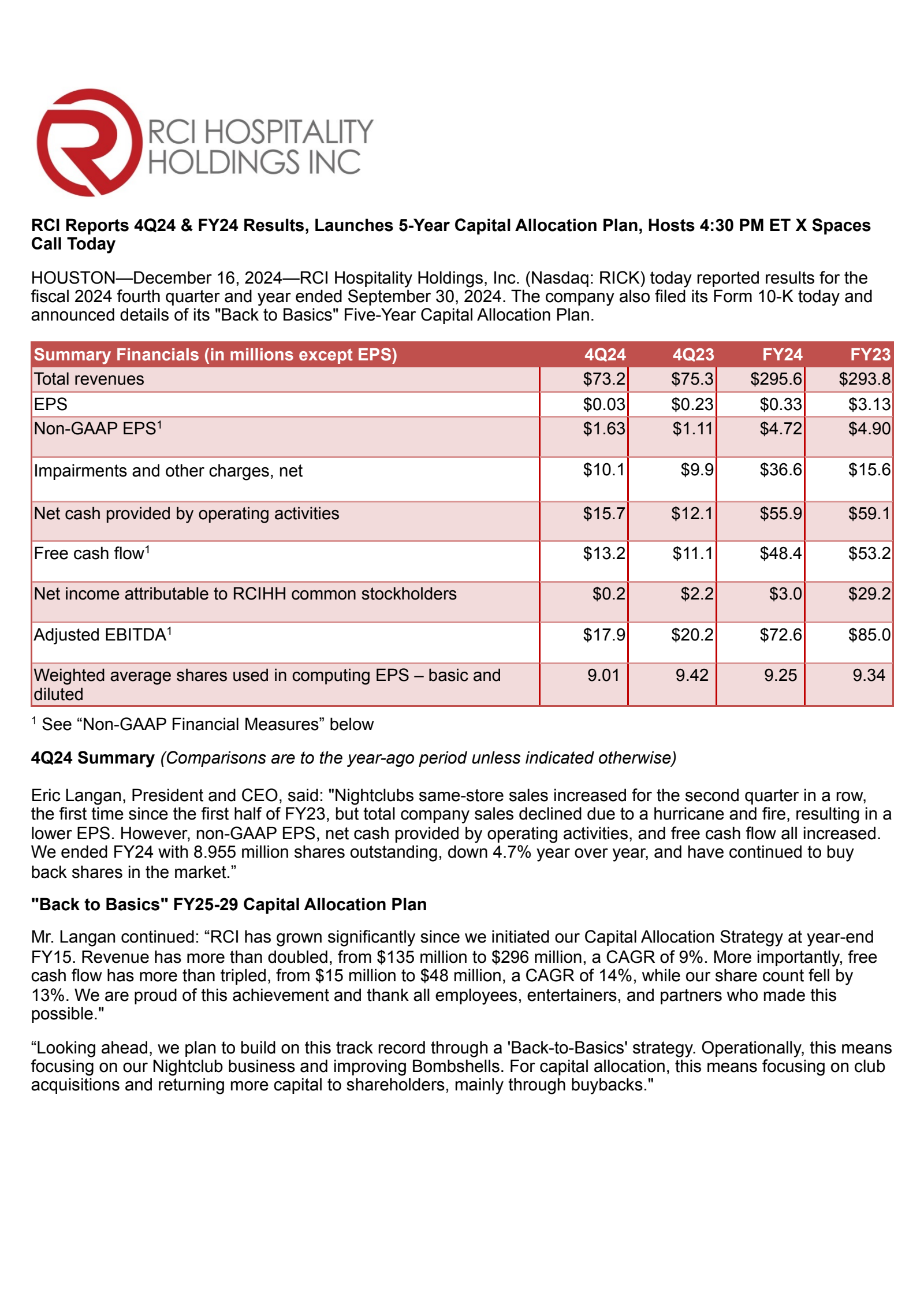 RCI Hospitality's Q4 2024 Press Release
