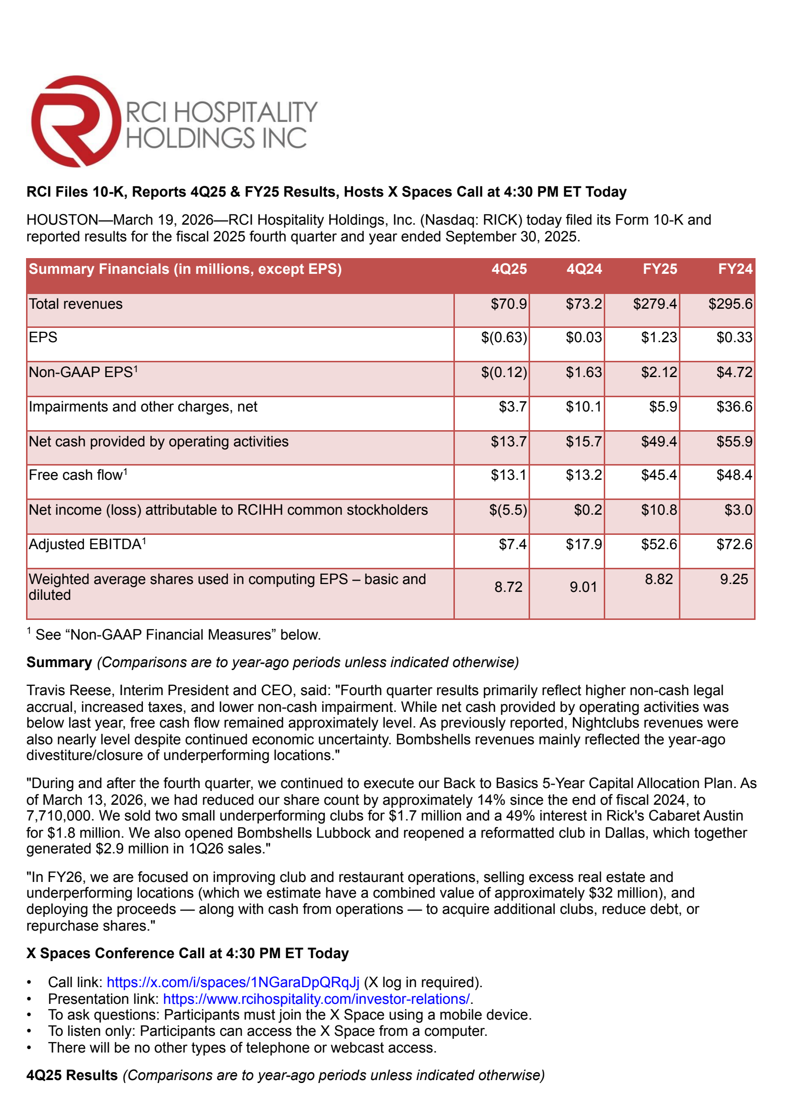 RCI Hospitality's Q4 2025 Press Release