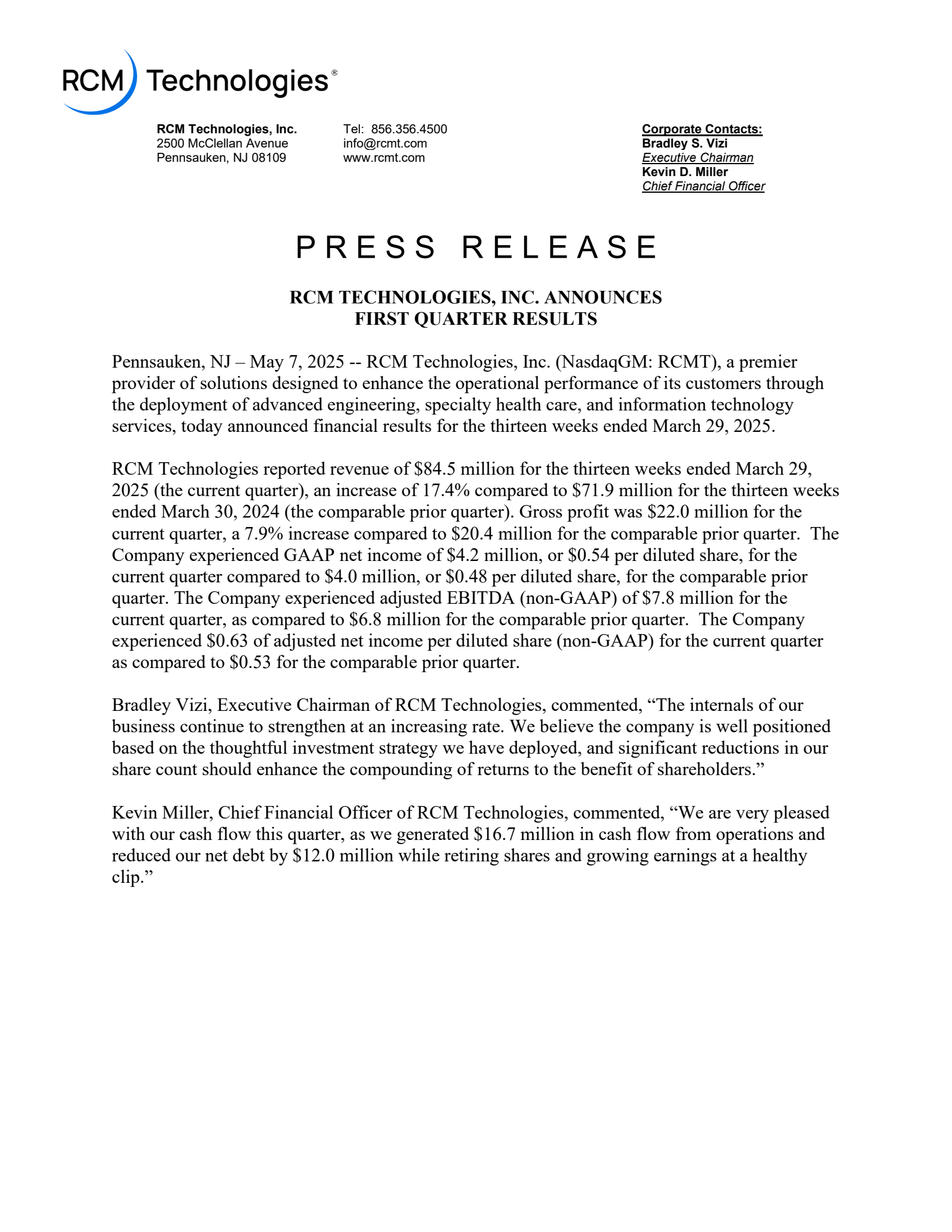 RCM Technologies' Q1 2025 Press Release