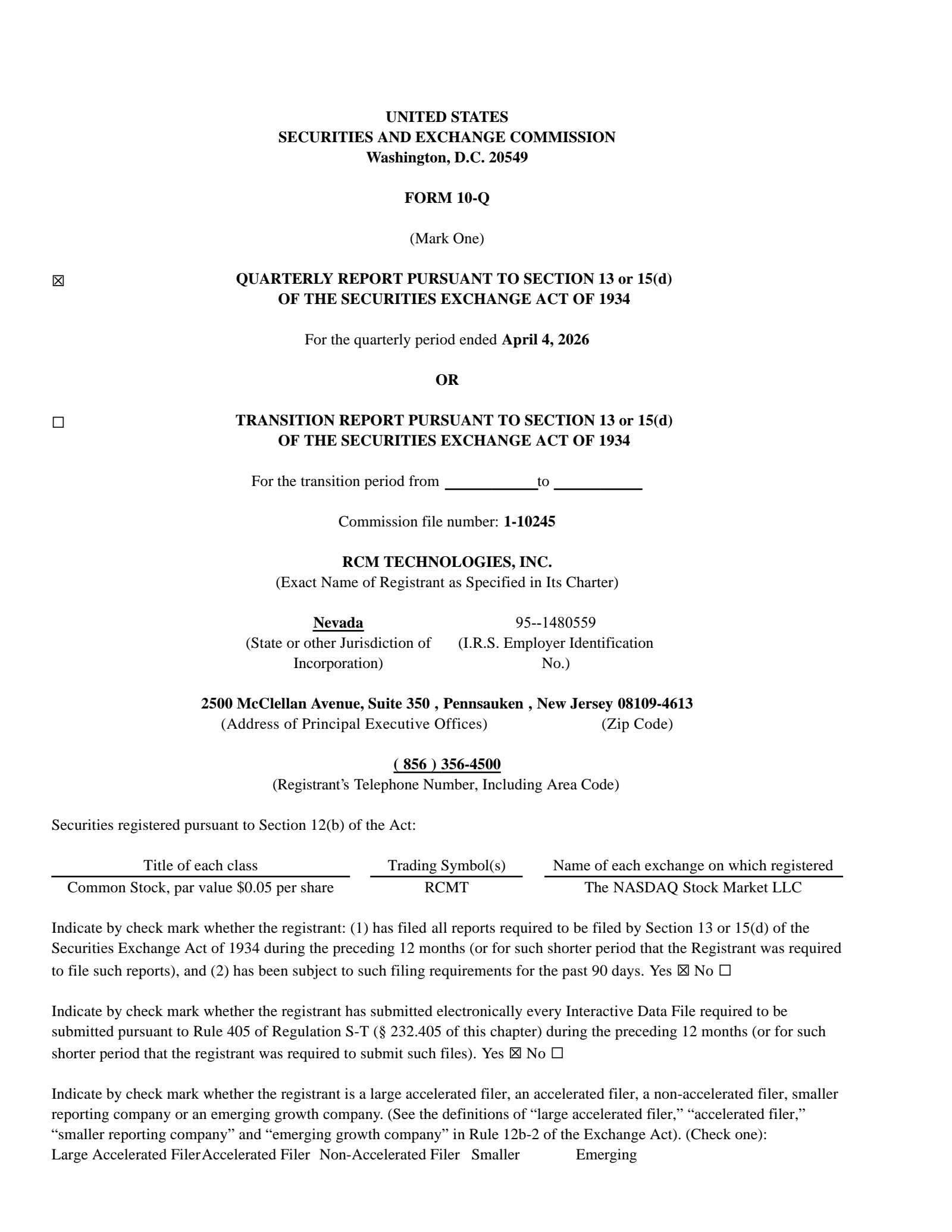 RCM Technologies' Q1 2026 Quarterly report