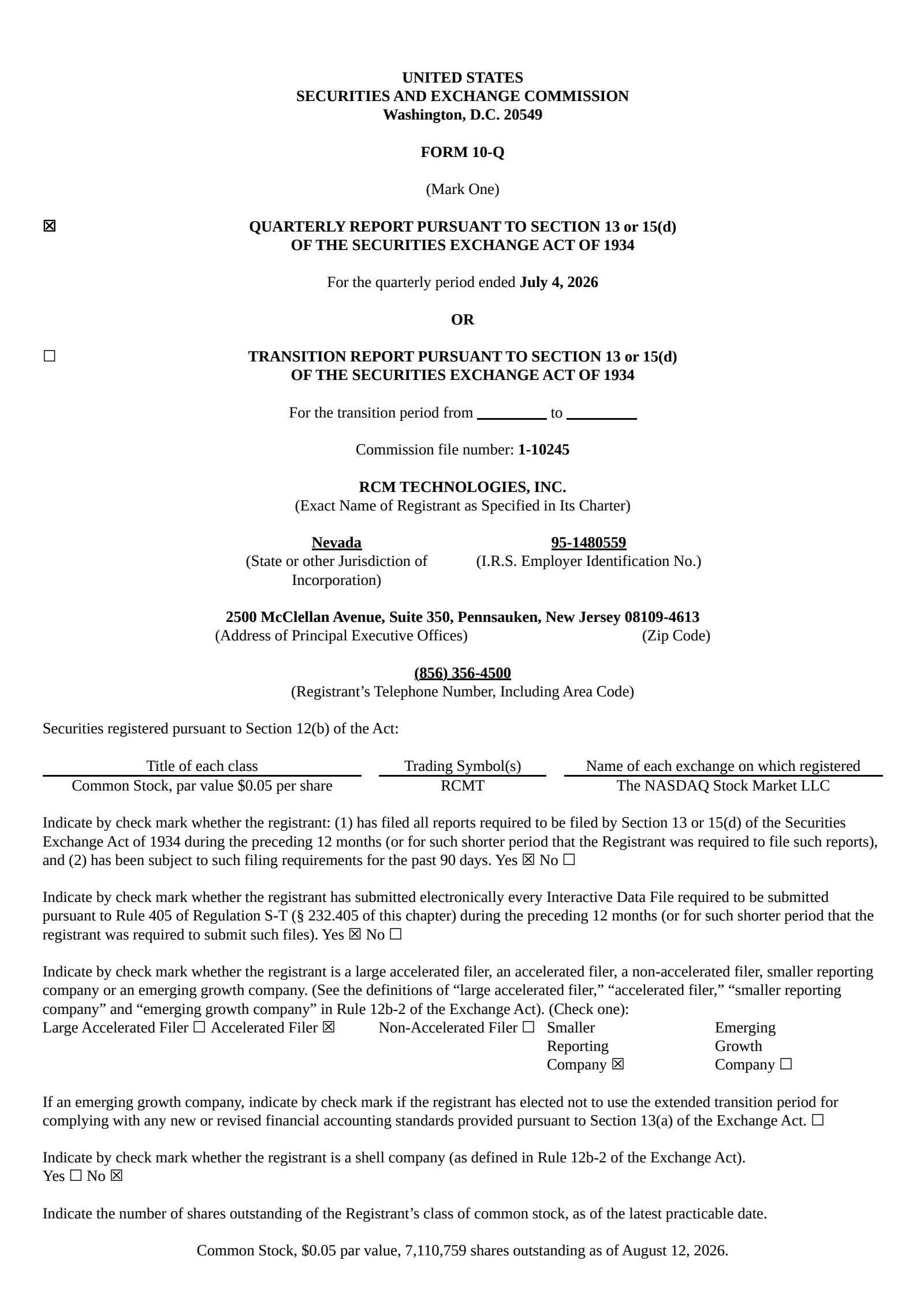 RCM Technologies' Q2 2027 Quarterly report