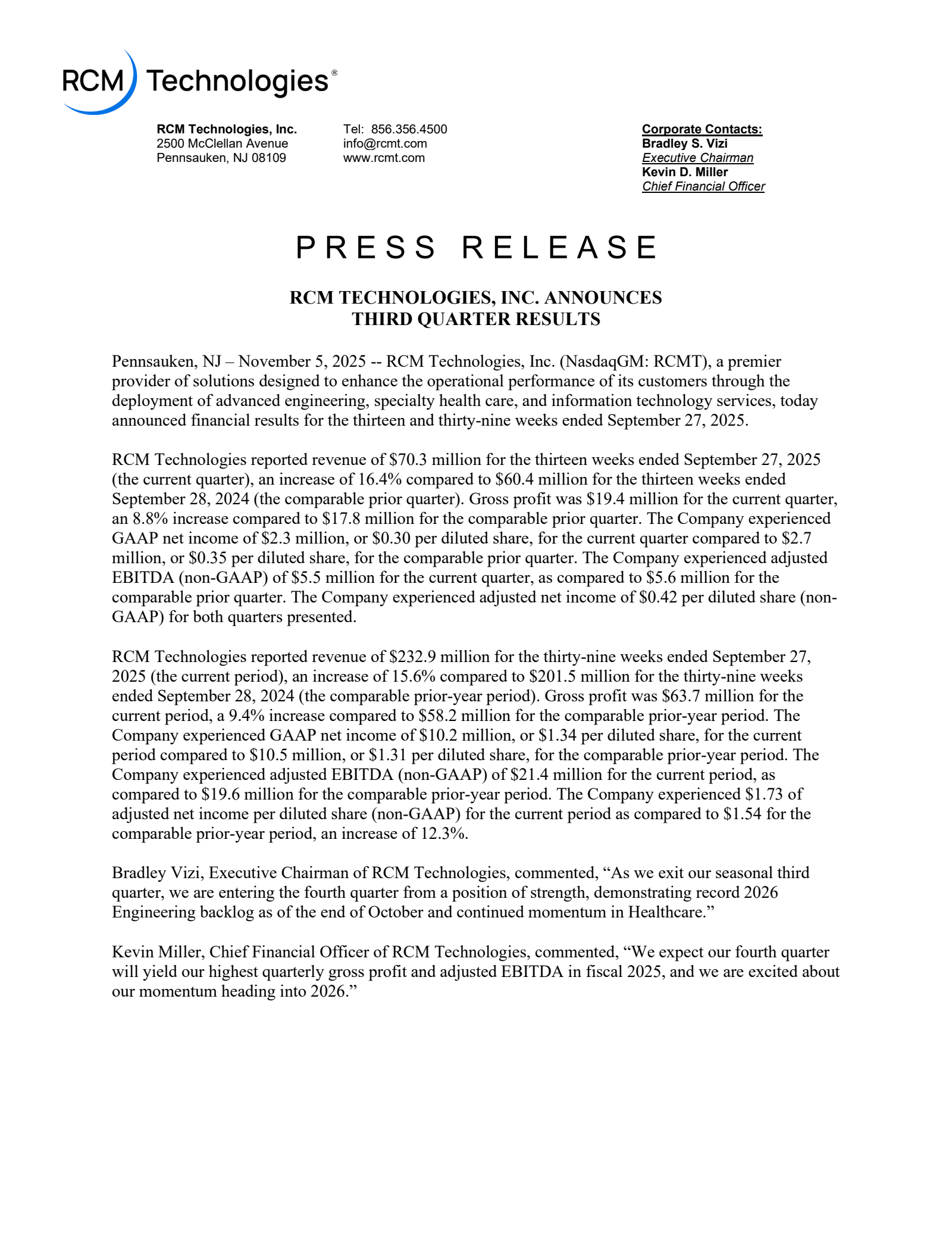 RCM Technologies' Q3 2025 Earnings Release
