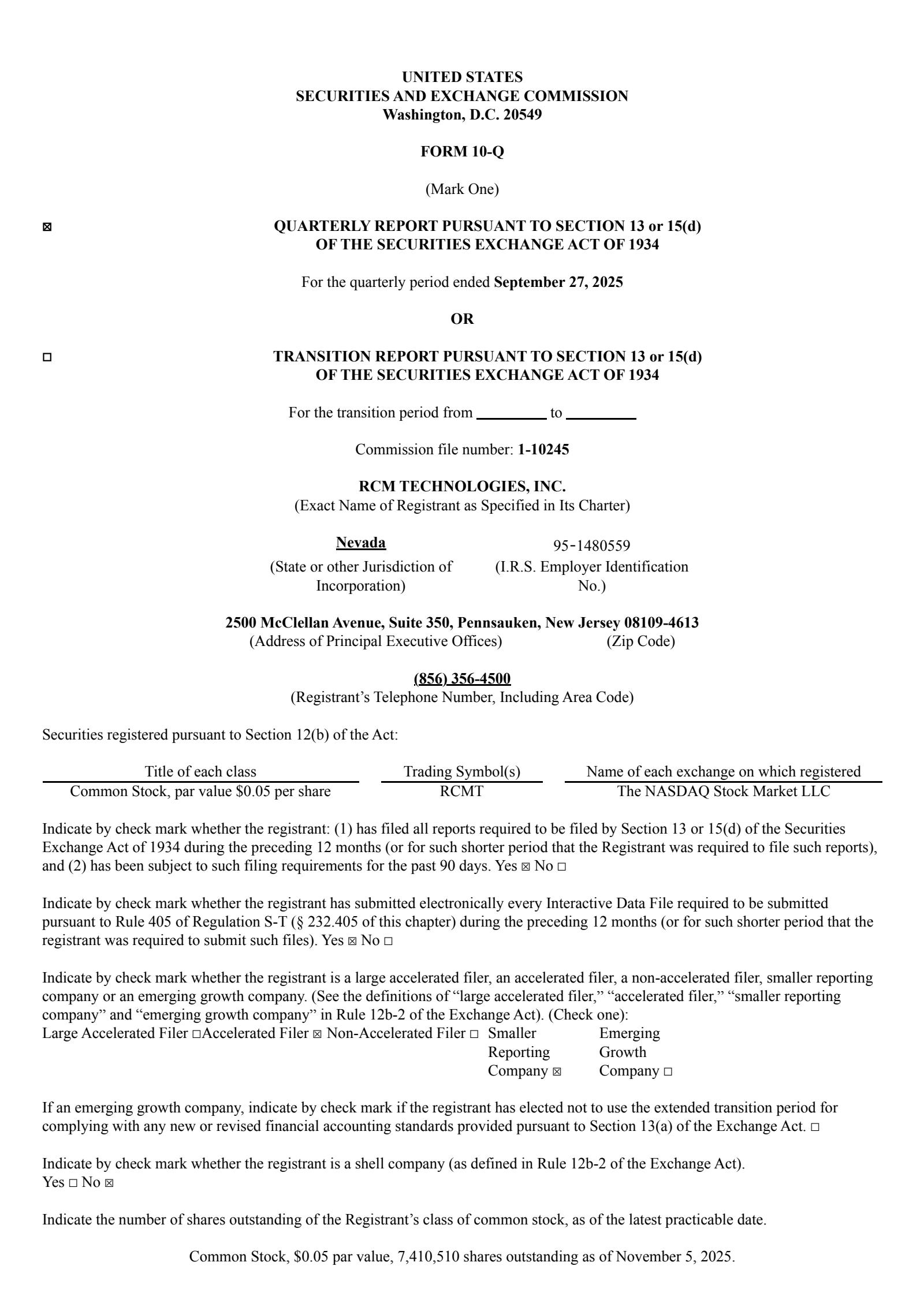 RCM Technologies' Q3 2025 Quarterly Report