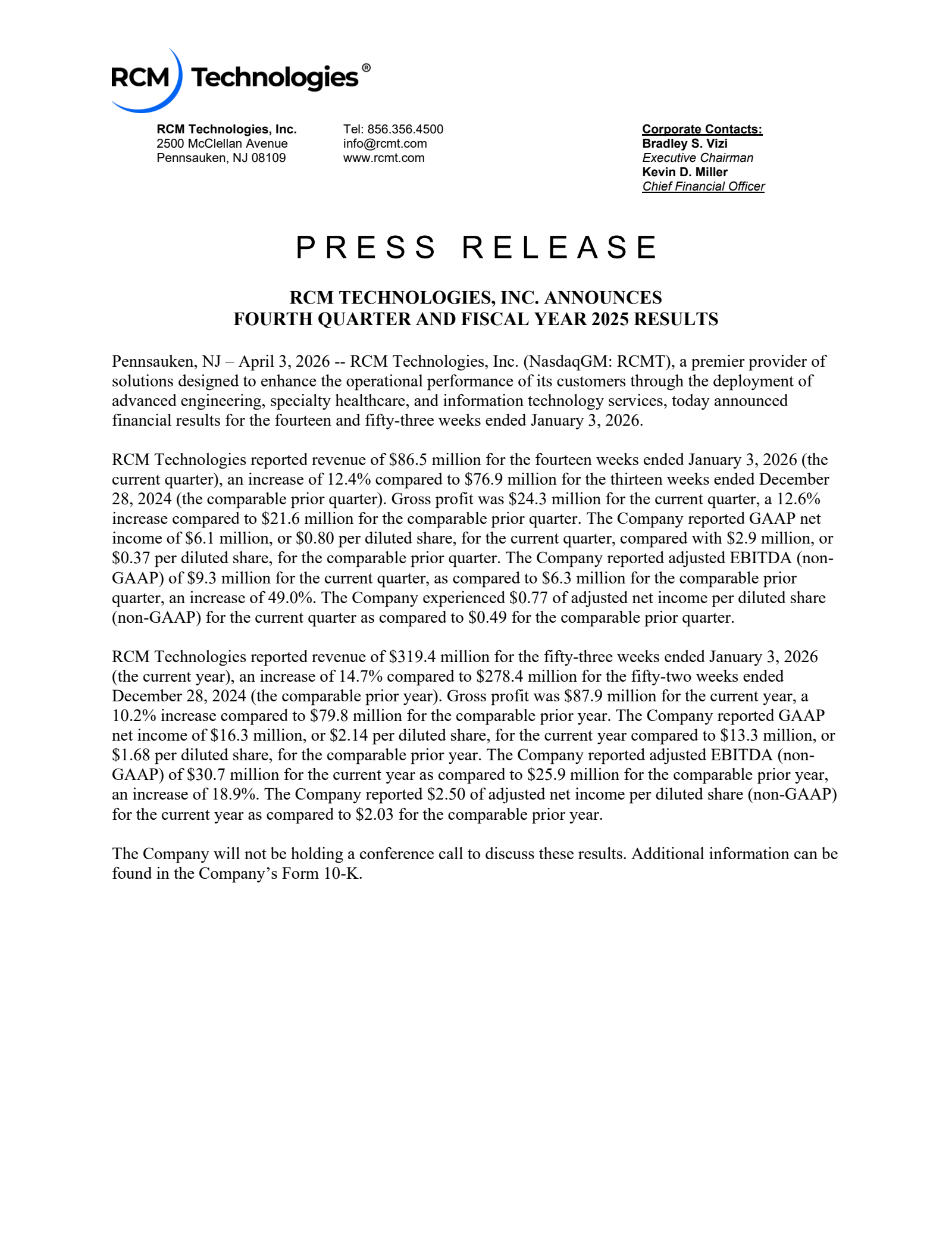 RCM Technologies' Q4 2025 Press Release