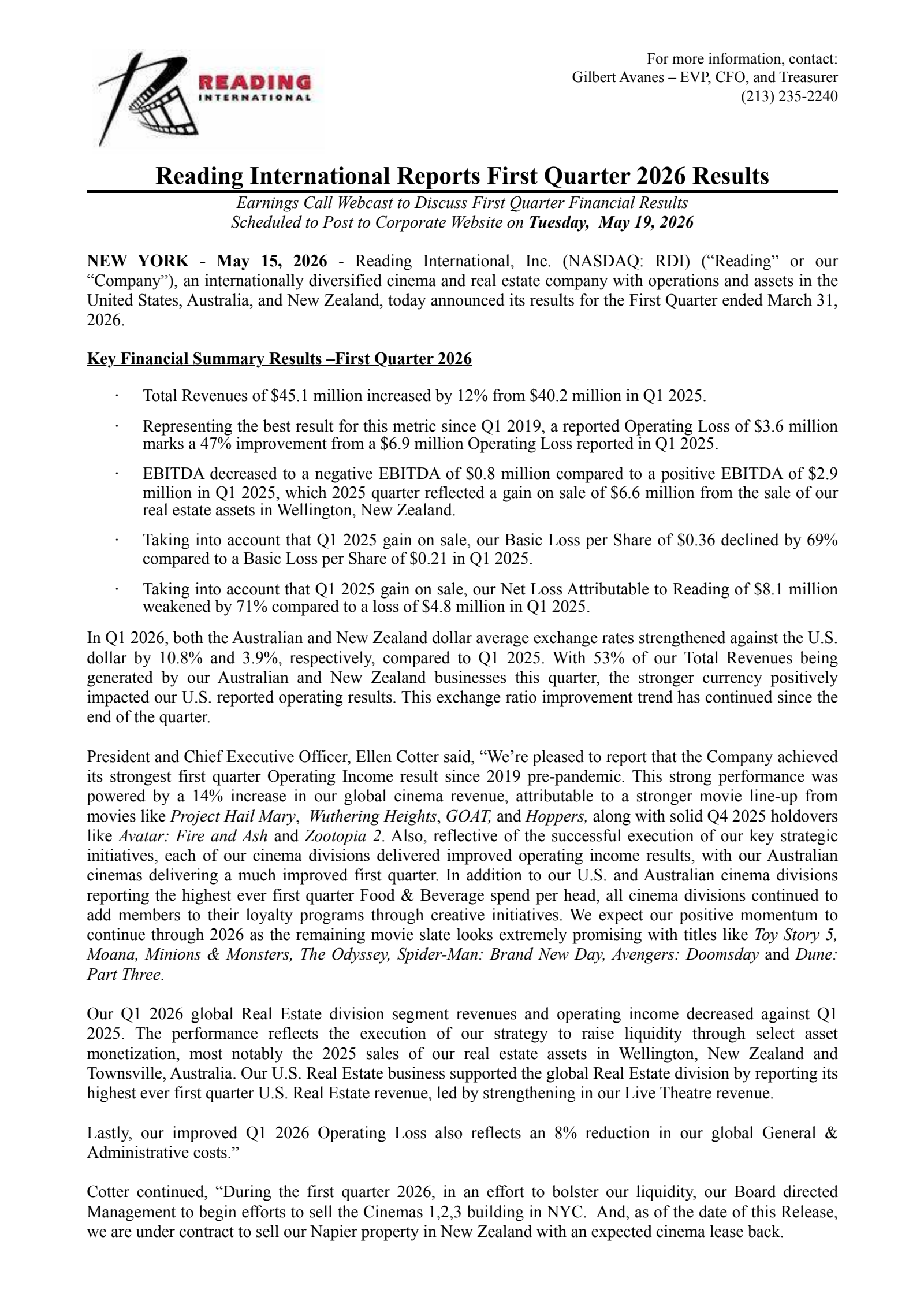Reading International's Q1 2026 Press Release