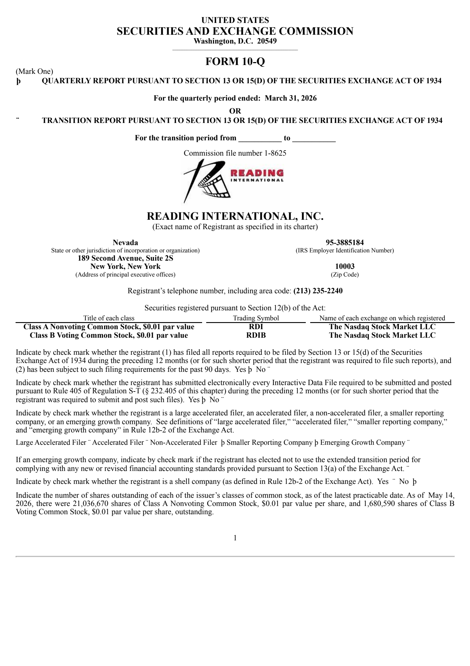 Reading International's Q1 2026 Quarterly report