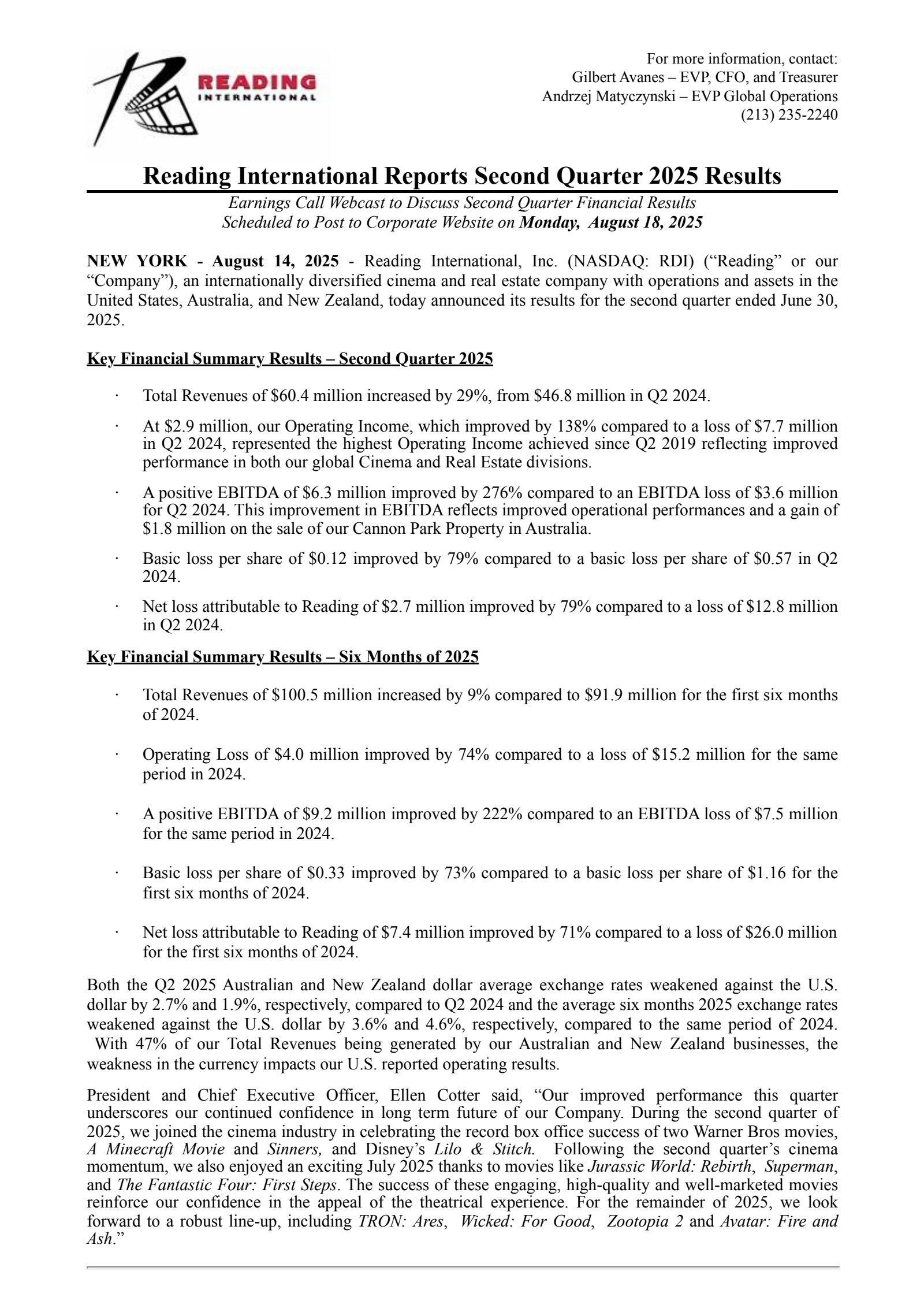 Reading International's Q2 2025 Press Release