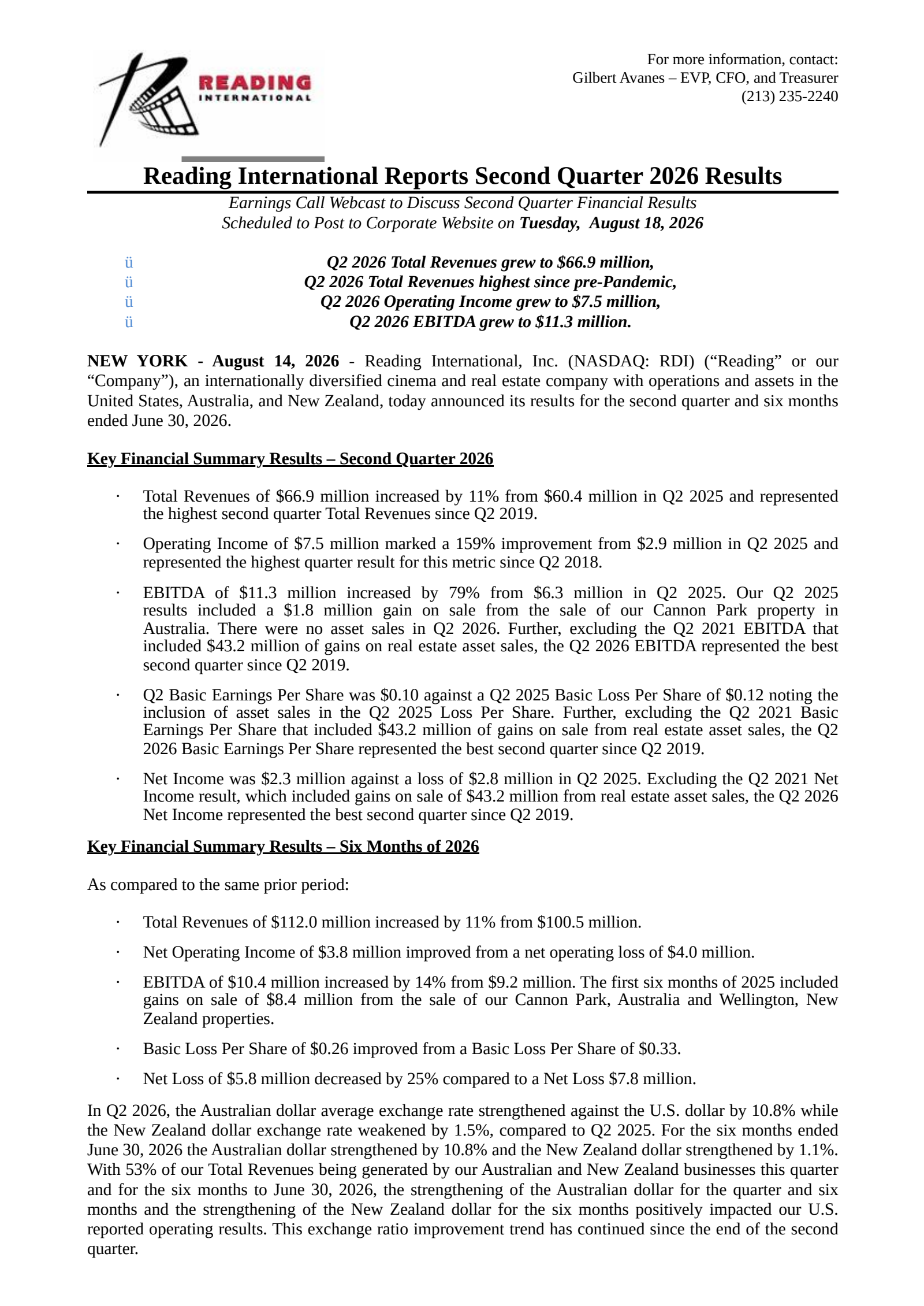 Reading International's Q2 2026 Press Release