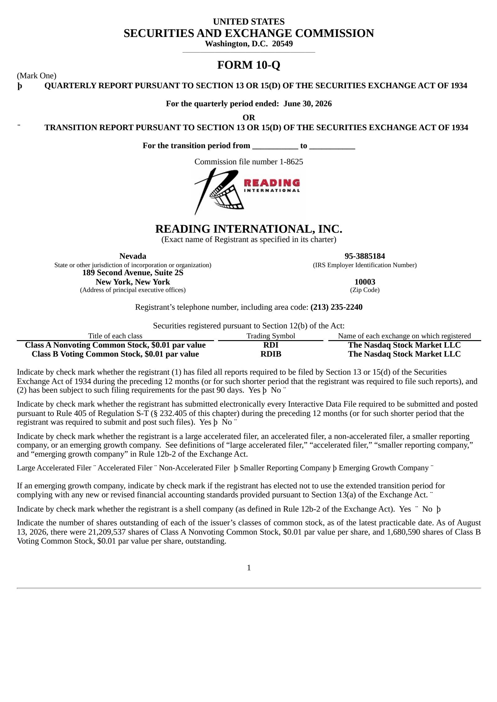 Reading International's Q2 2026 Quarterly report