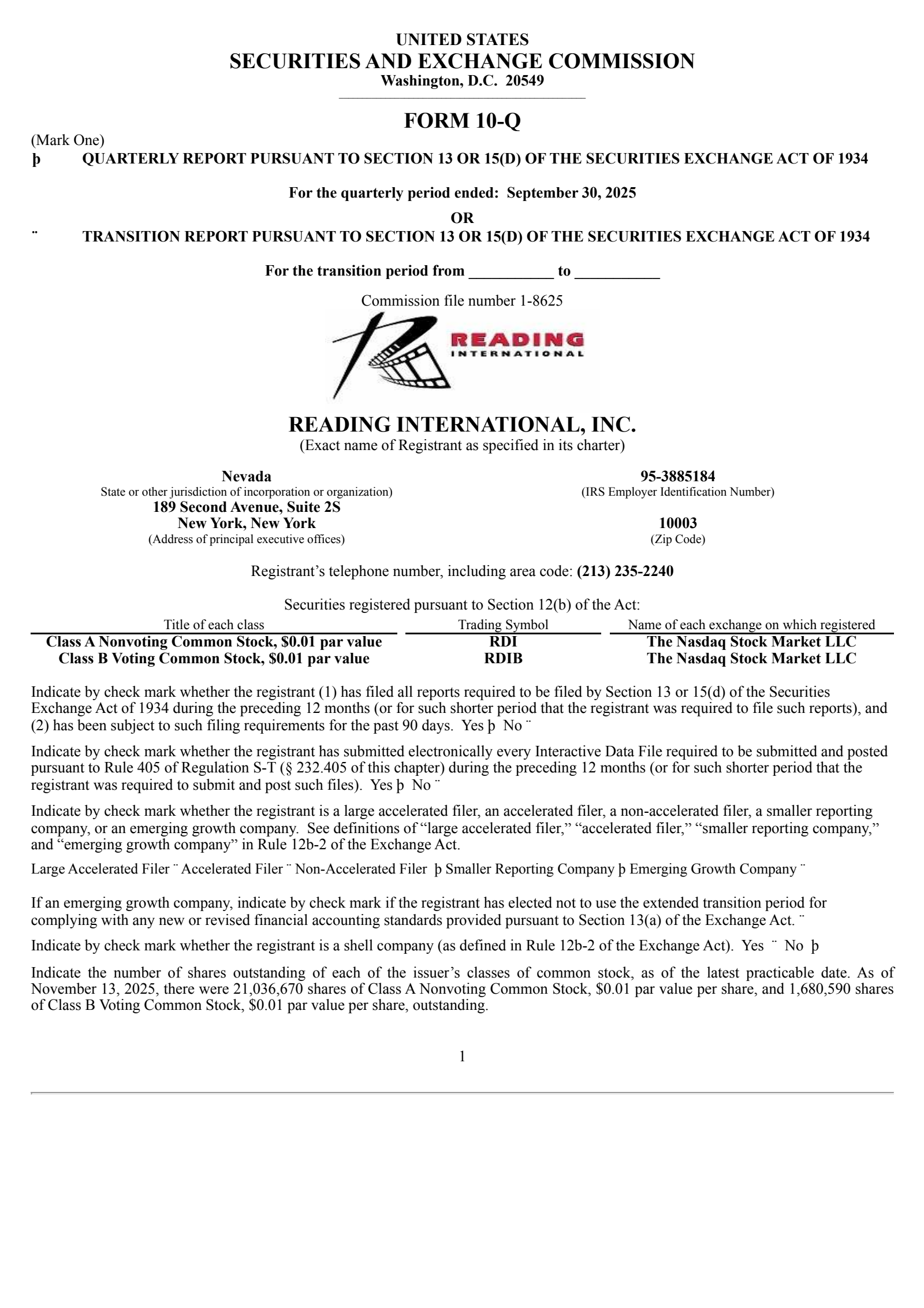 Reading International's Q3 2025 Quarterly Report