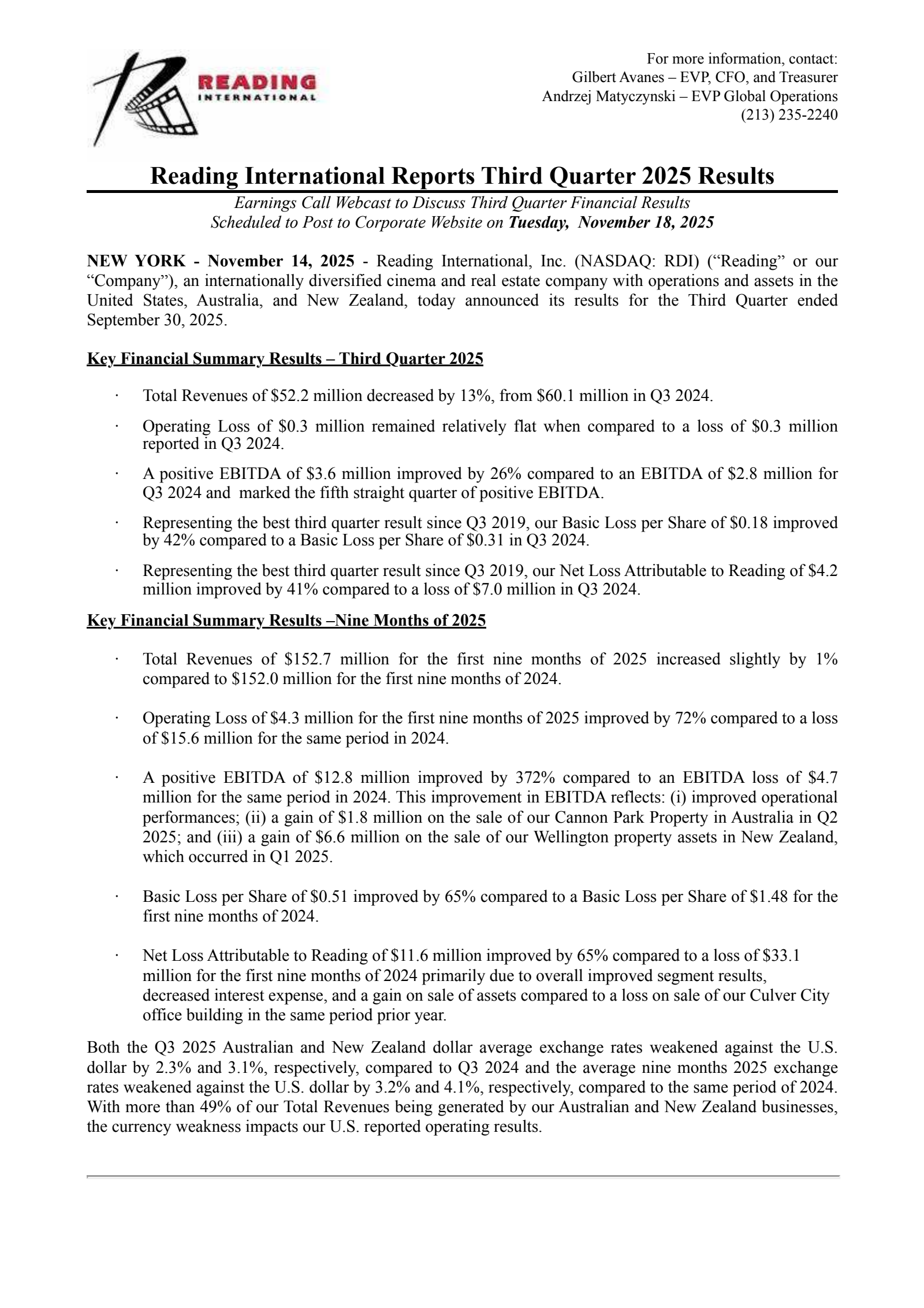 Reading International's Q3 2025 Earnings Release