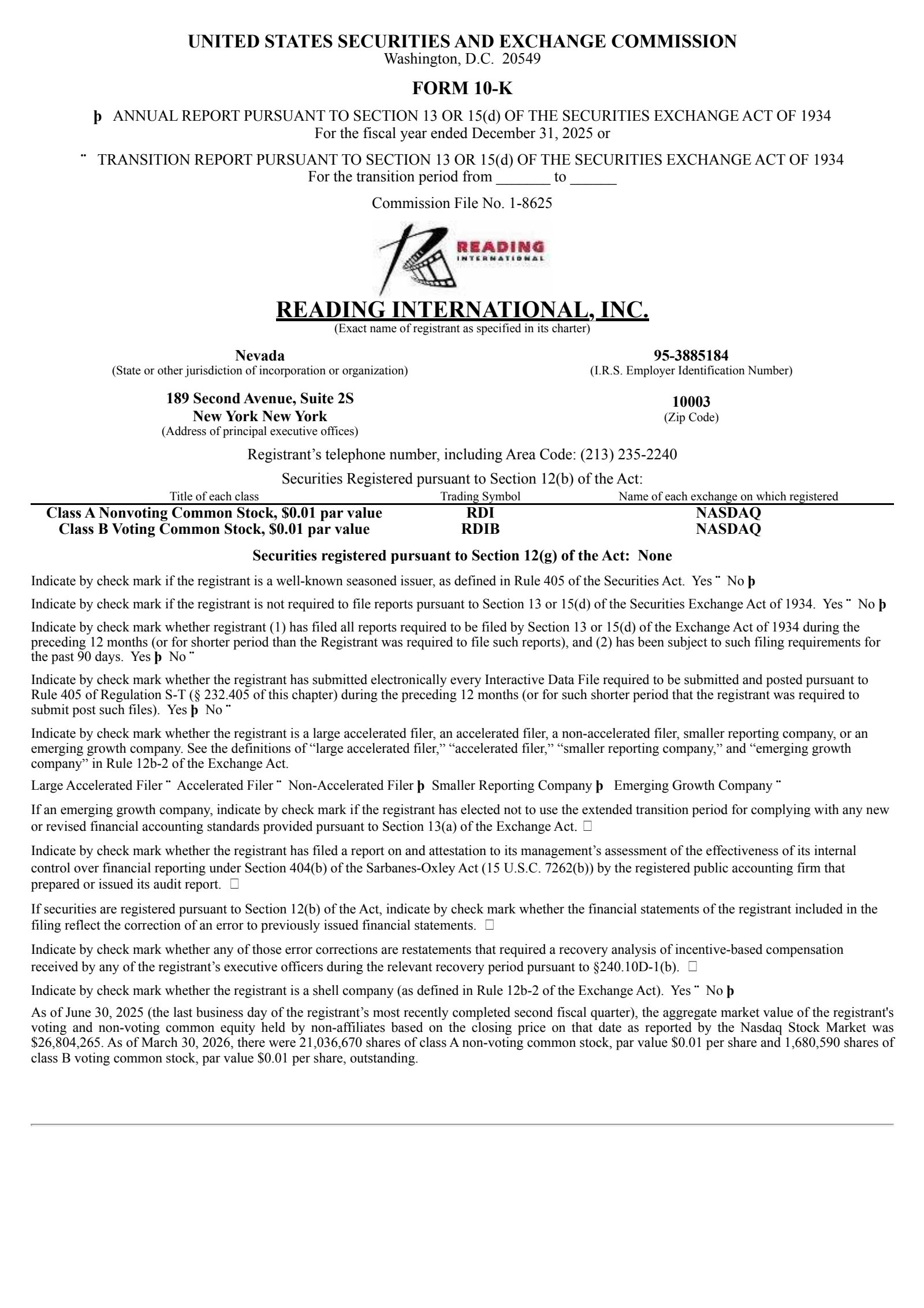 Reading International's Q4 2025 Annual report