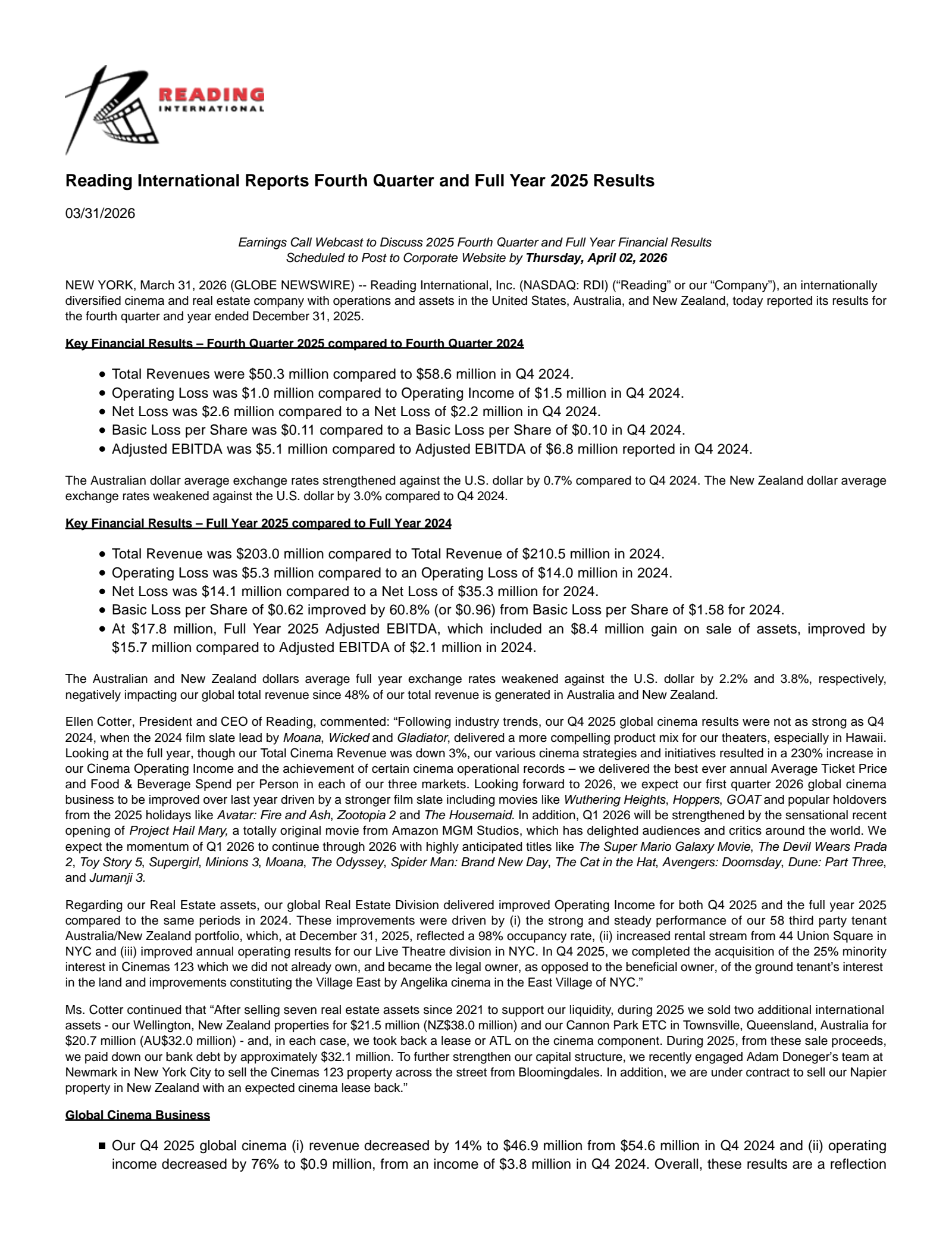 Reading International's Q4 2025 Press Release