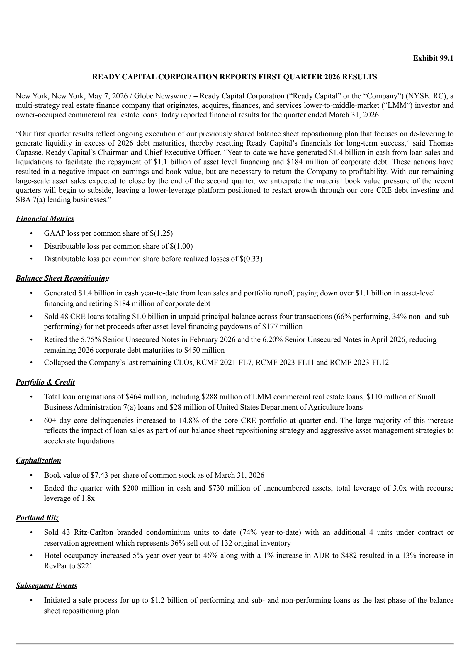 Ready Capital's Q1 2026 Press Release