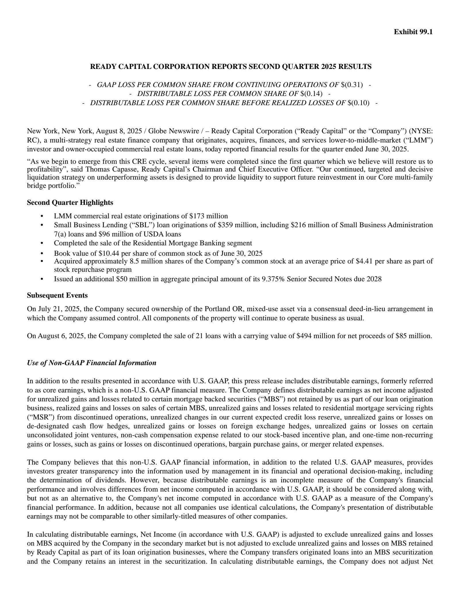 Ready Capital's Q2 2025 Press Release