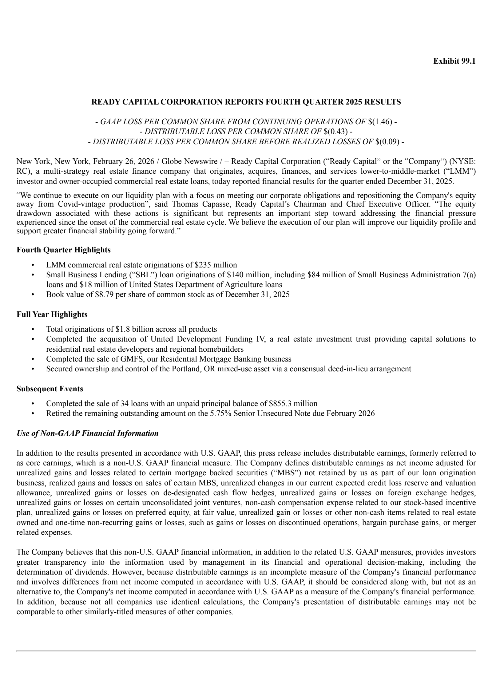 Ready Capital's Q4 2025 Press Release