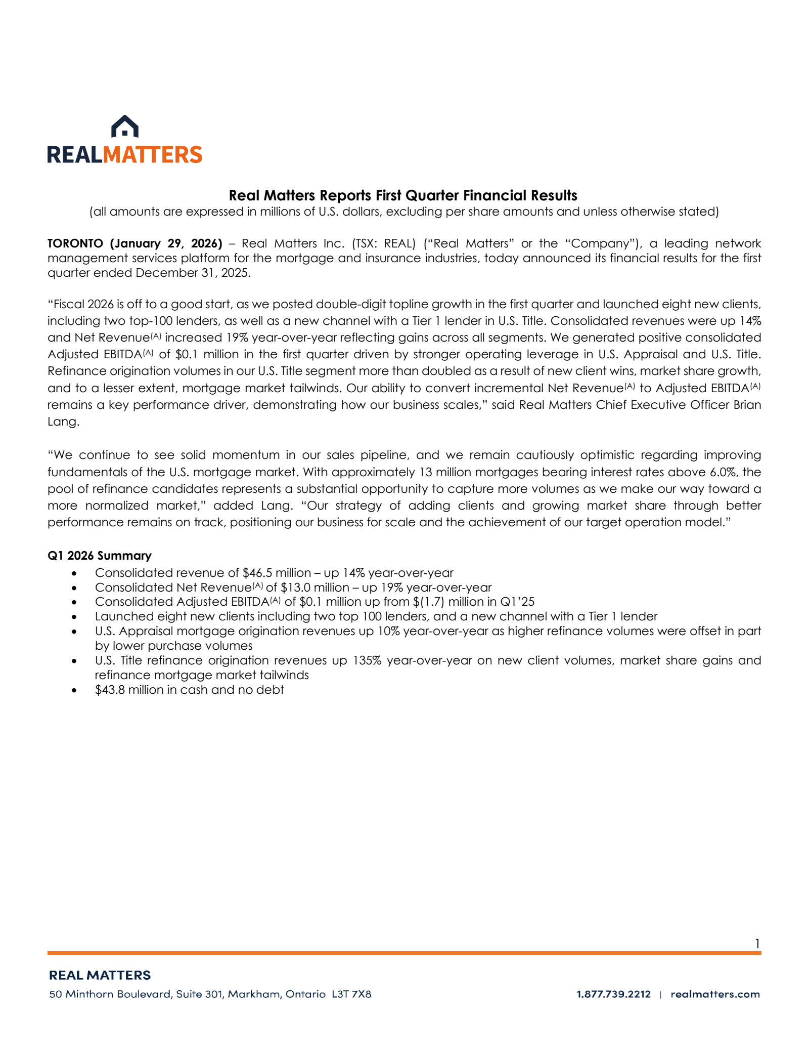 Real Matters' Q1 2026 Press Release