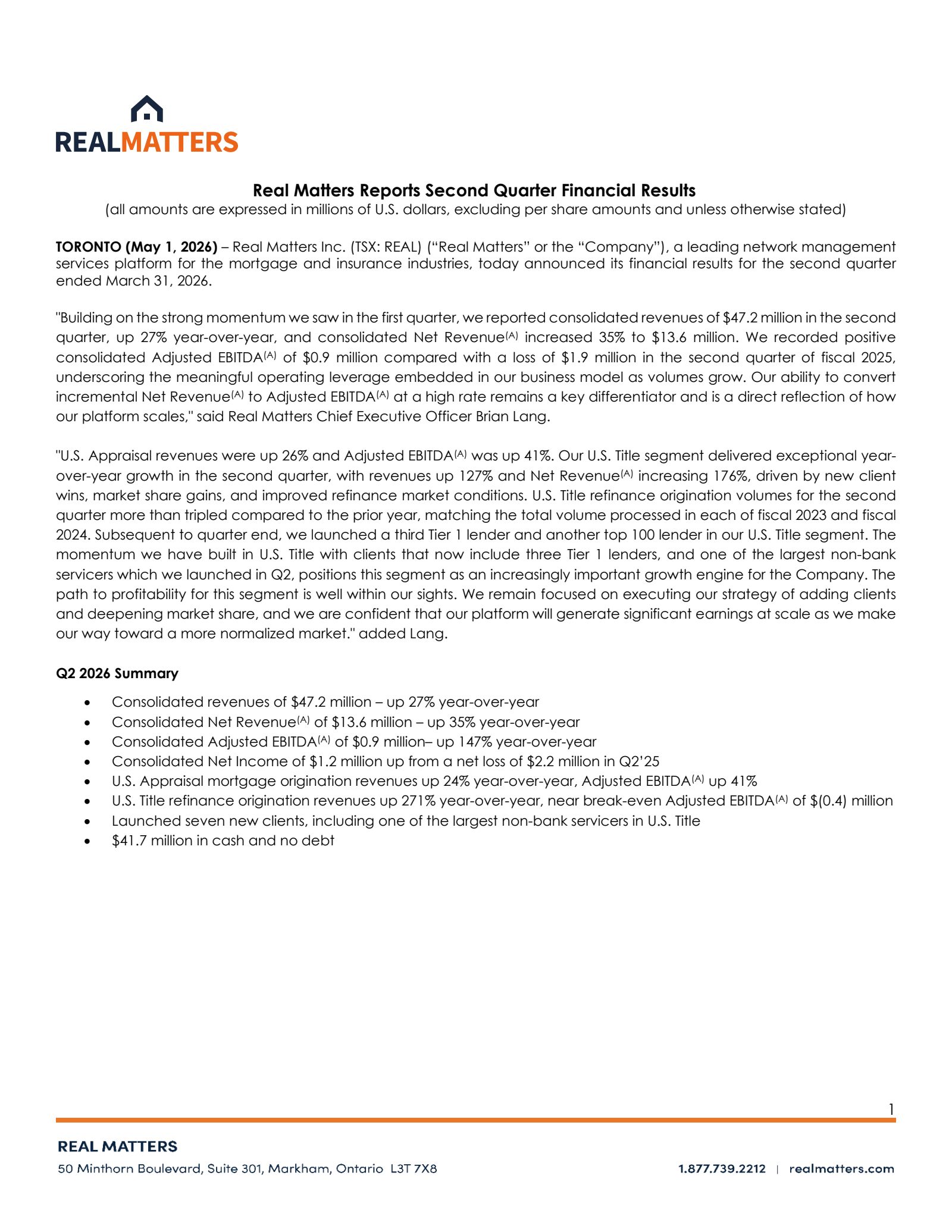 Real Matters' Q2 2026 Press Release