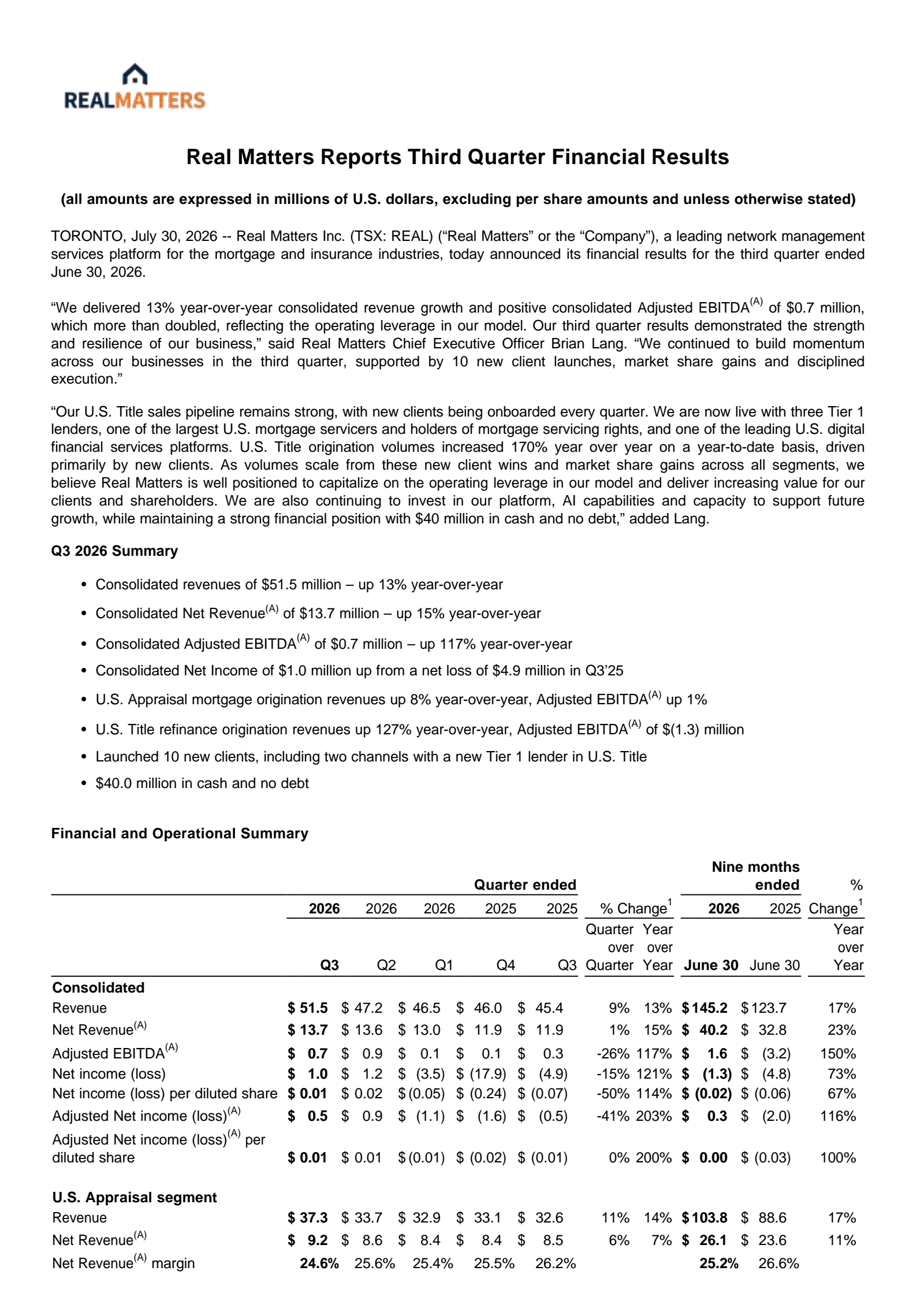 Real Matters' Q3 2026 Press Release