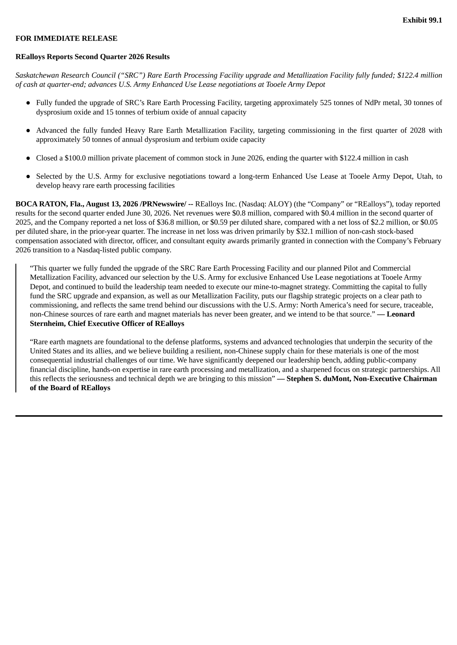 REalloys' Q2 2026 Press Release