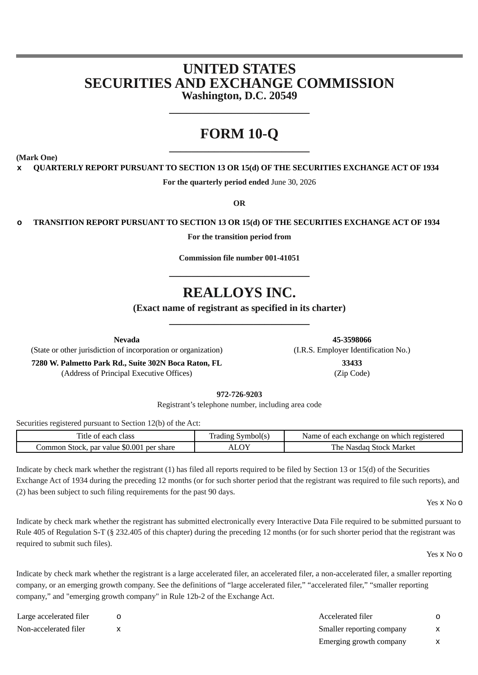 REalloys' Q2 2026 Quarterly report