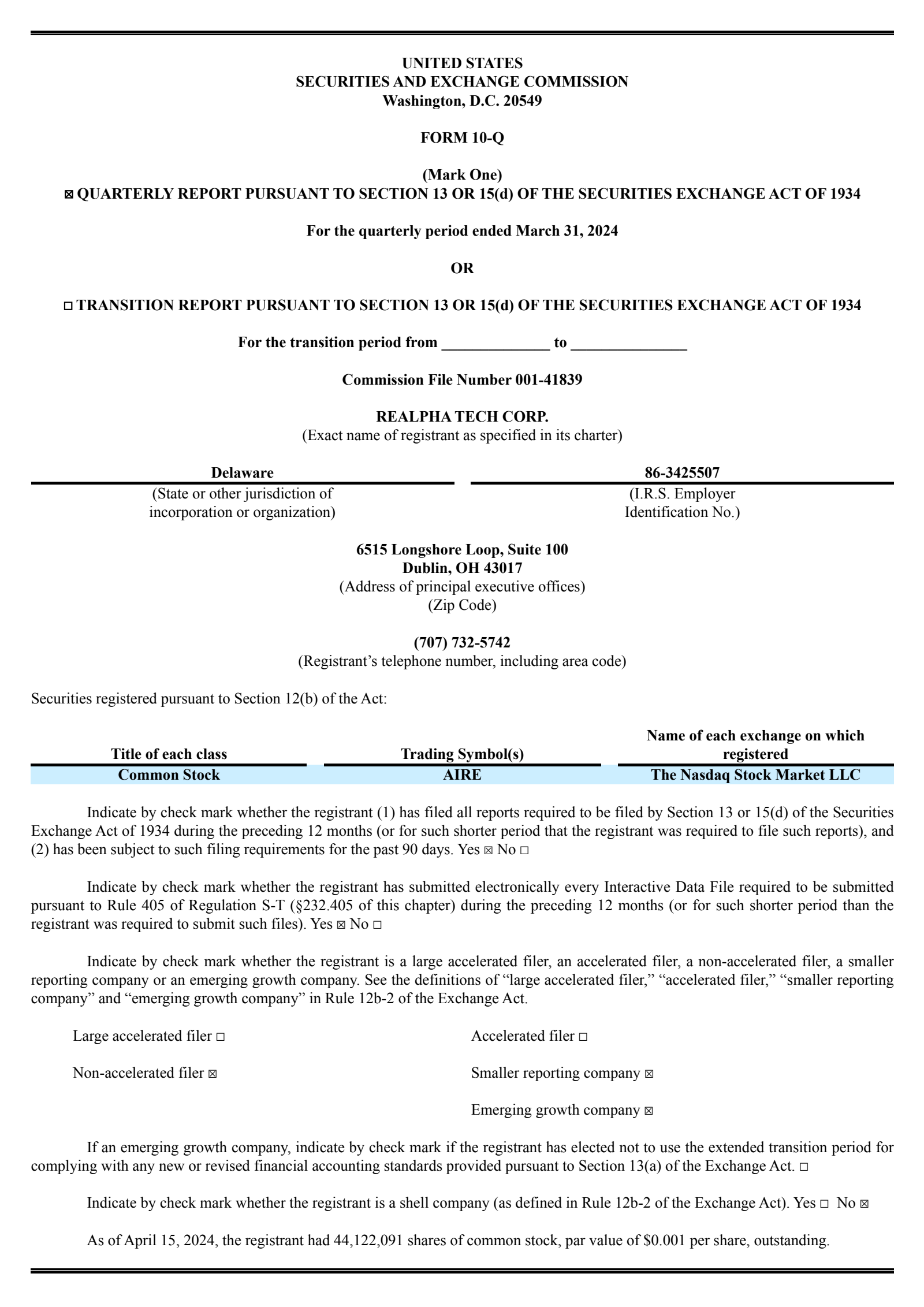 reAlpha Tech's Q1 2024 Quarterly report