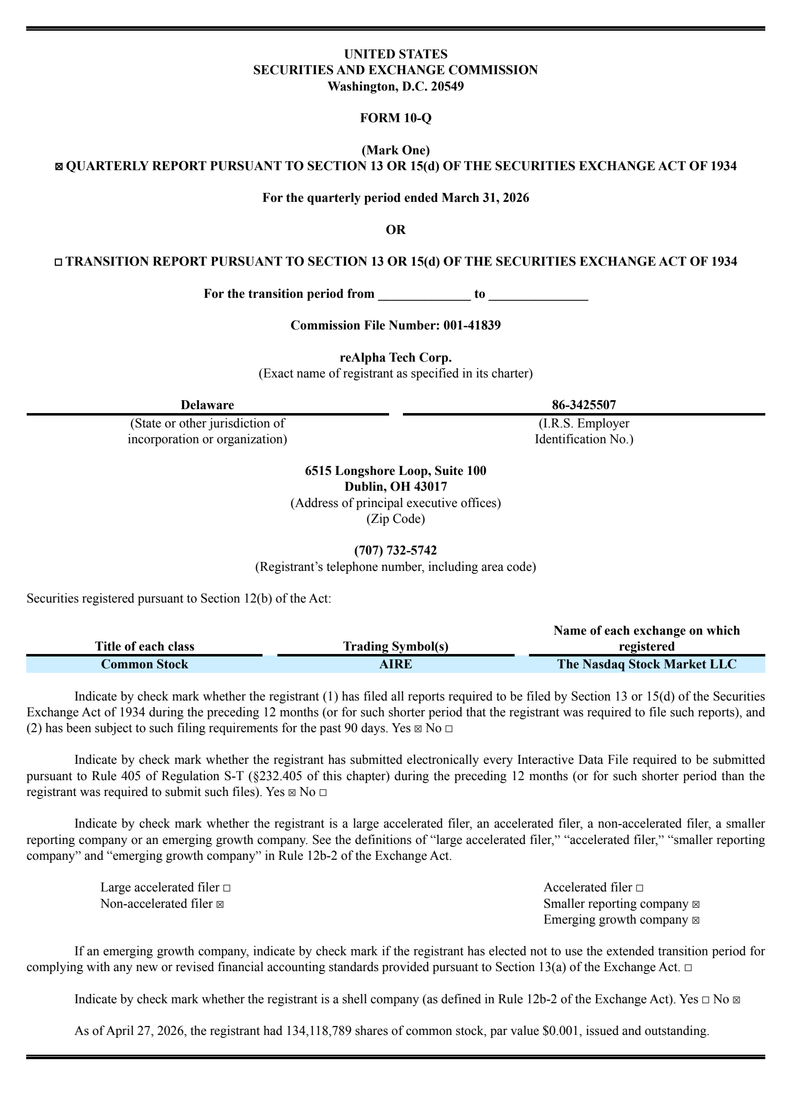 reAlpha Tech's Q1 2026 Quarterly report