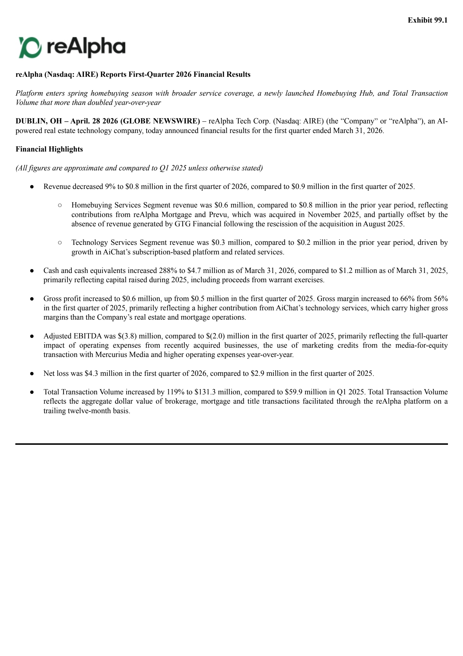 reAlpha Tech's Q1 2026 Press Release