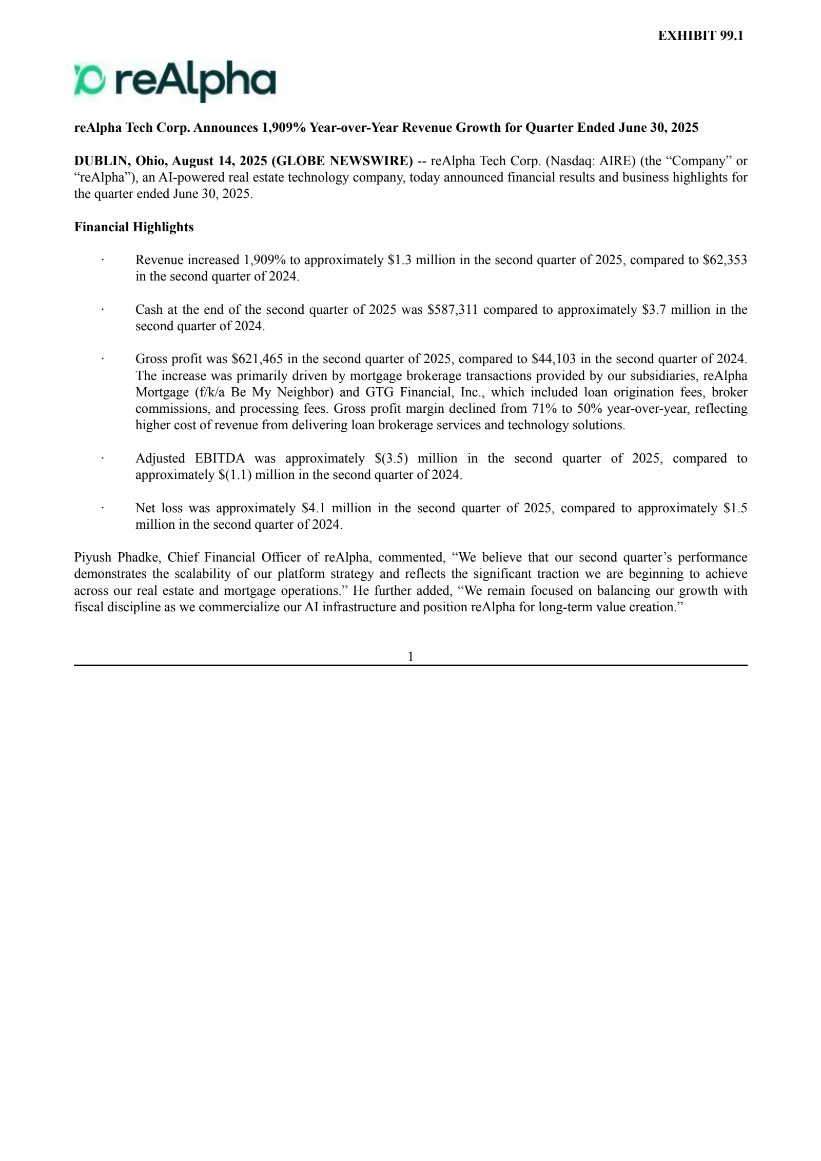reAlpha Tech's Q2 2025 Press Release