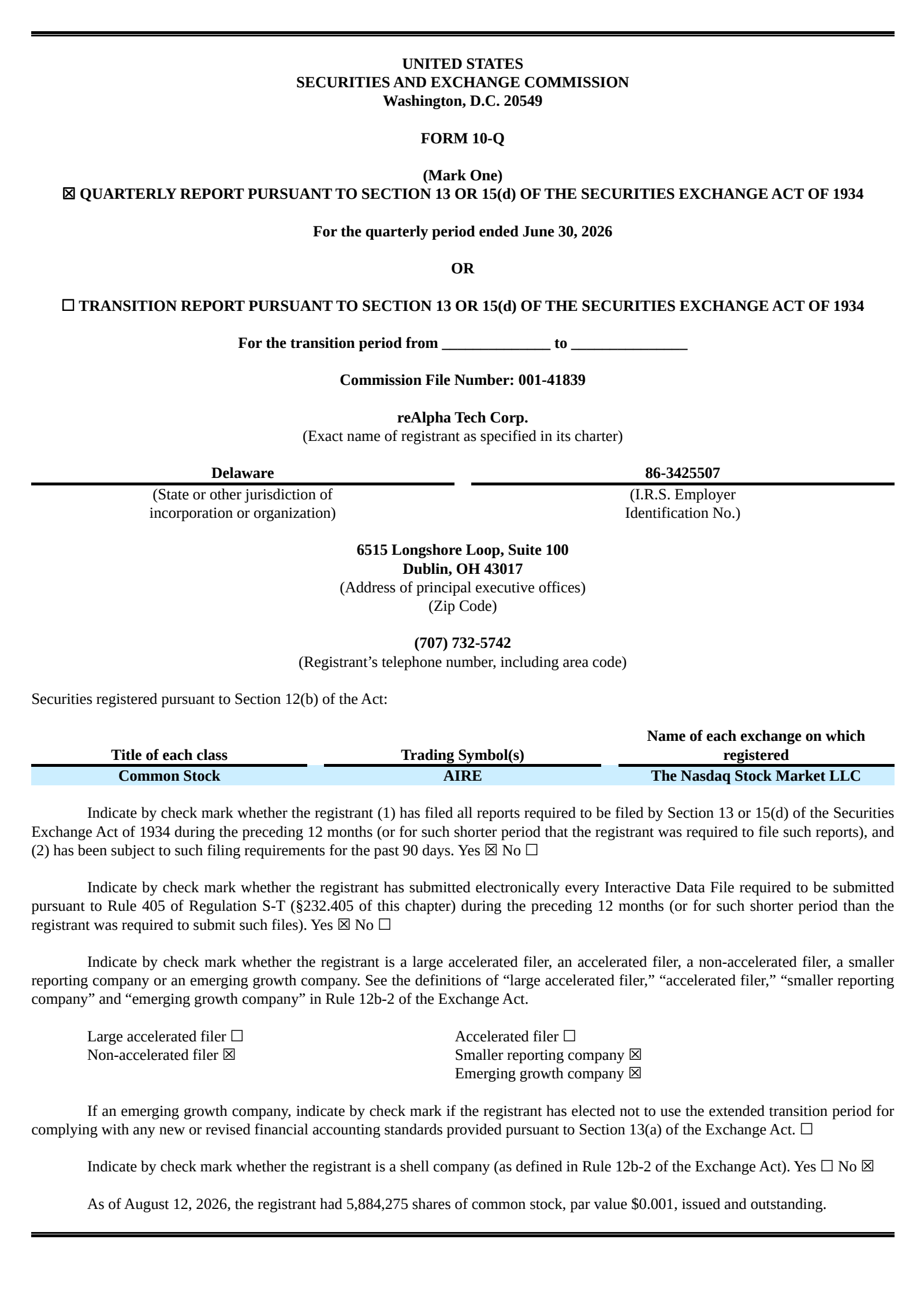 reAlpha Tech's Q2 2026 Quarterly report