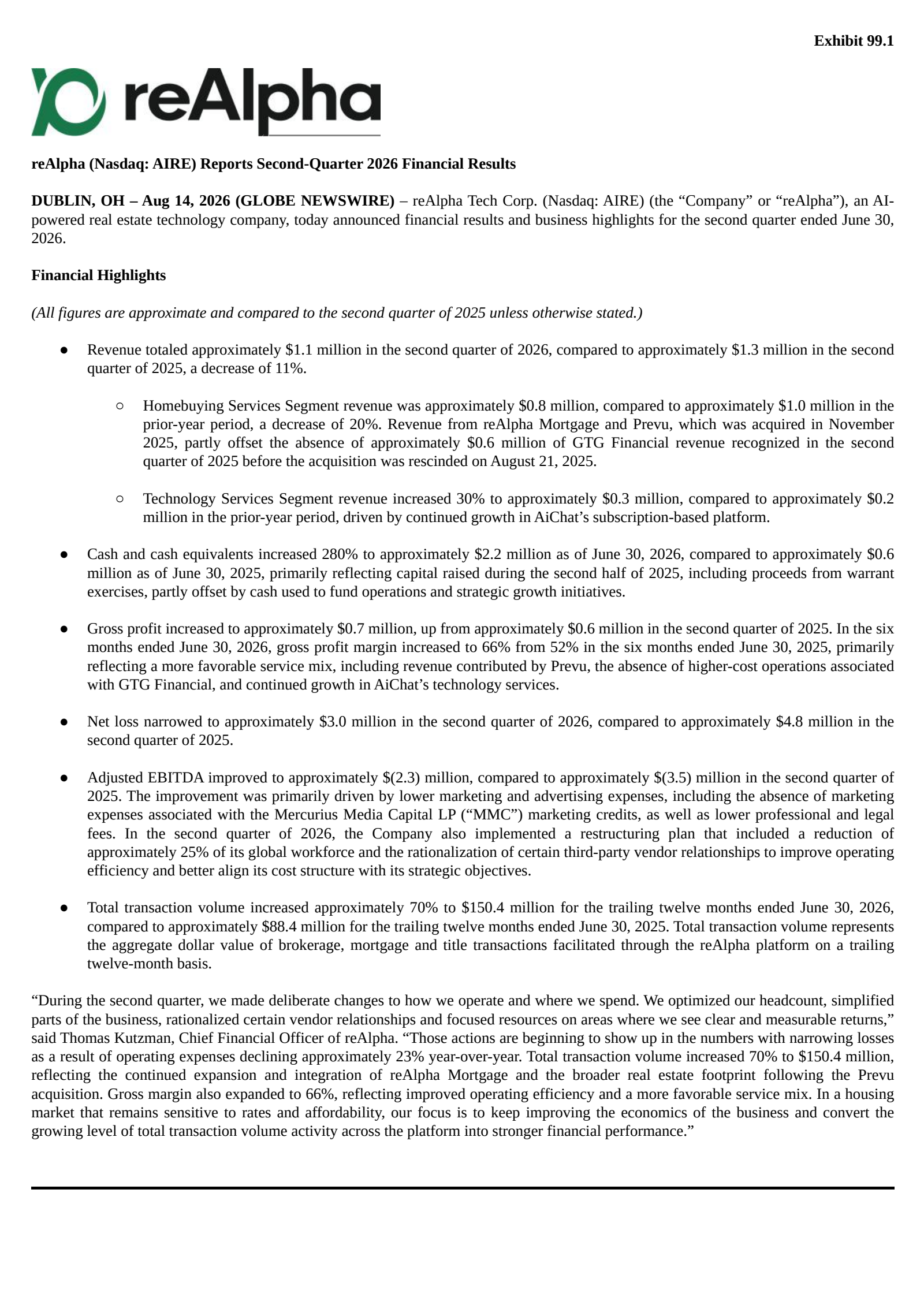 reAlpha Tech's Q2 2026 Press Release