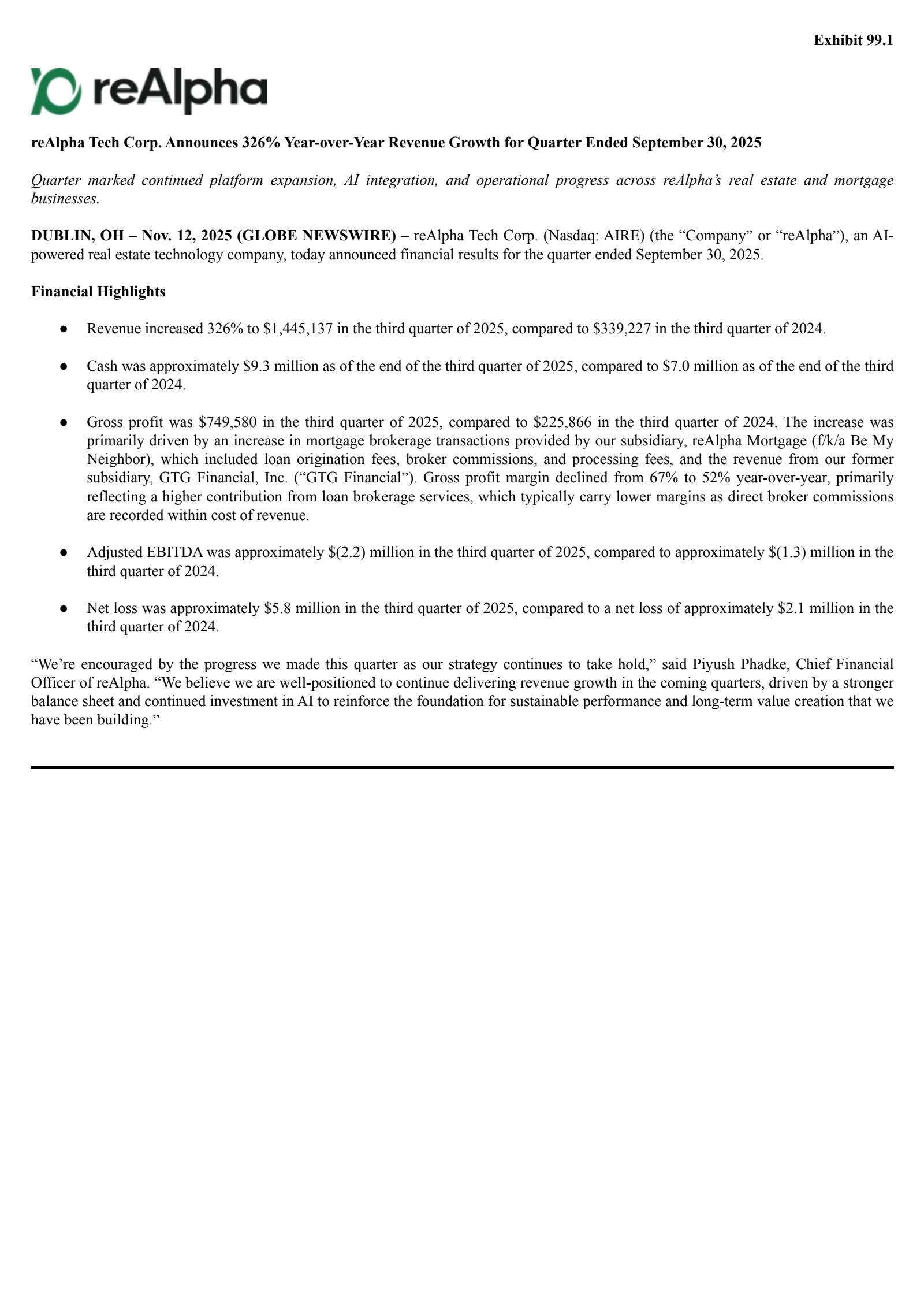reAlpha Tech's Q3 2025 Earnings Release