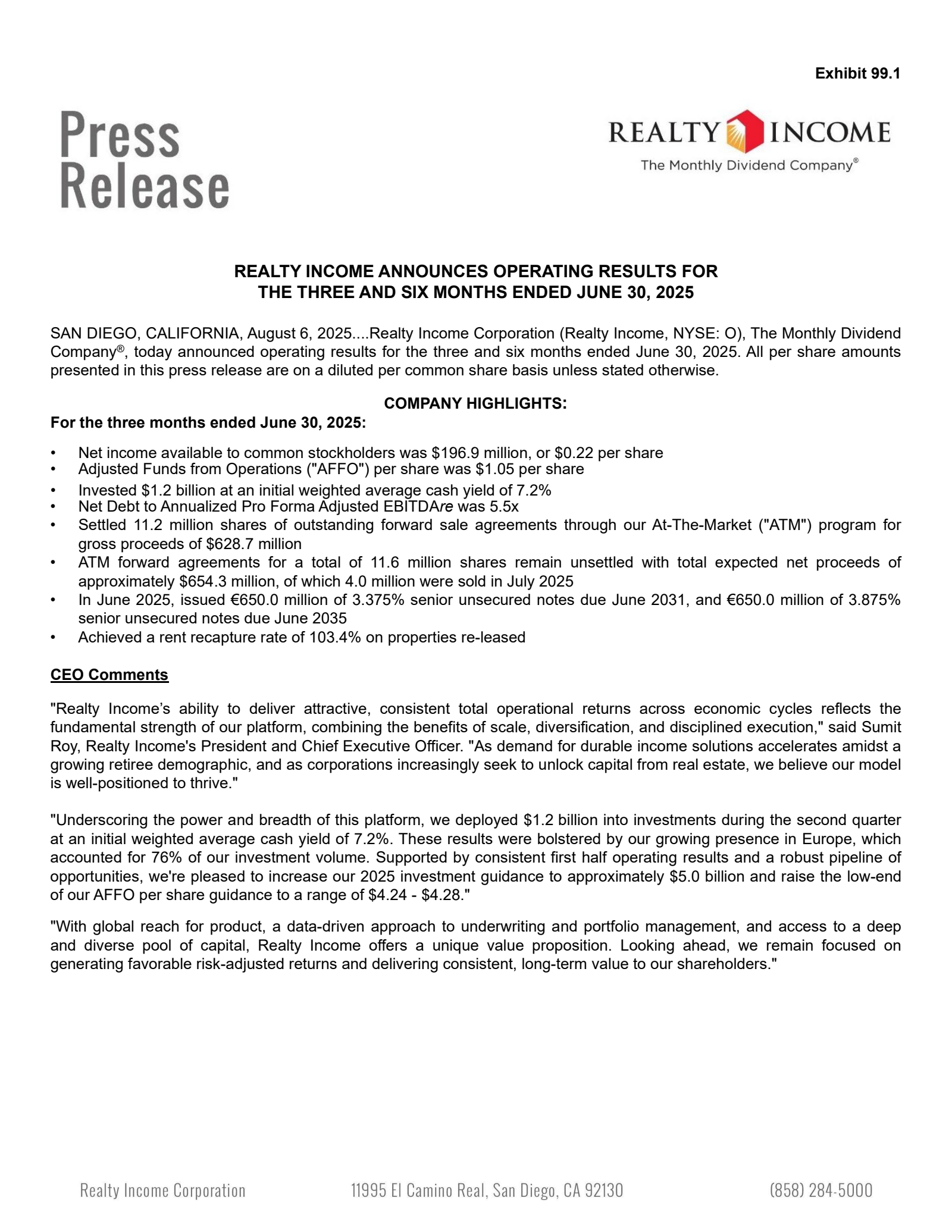 Realty Income's Q2 2025 Press Release