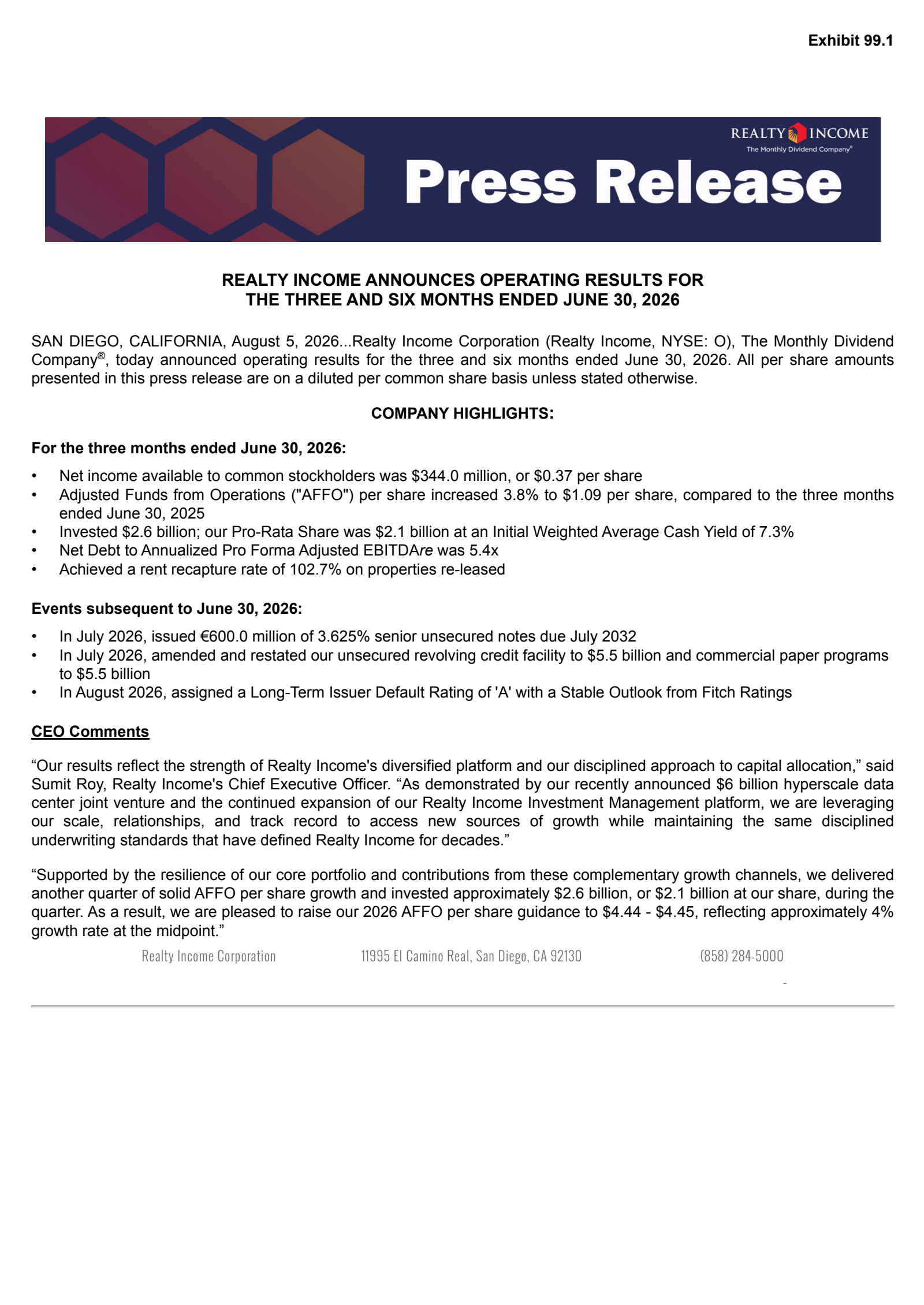 Realty Income's Q2 2026 Press Release