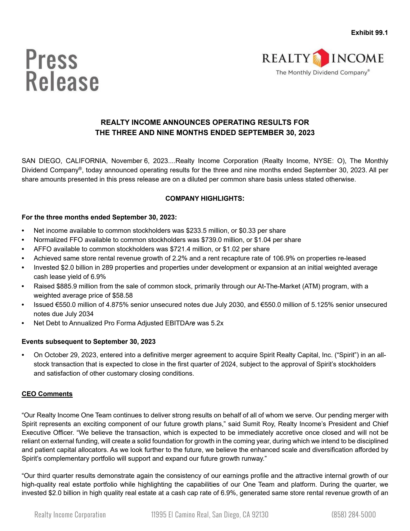Realty Income's Q3 2023 Press Release