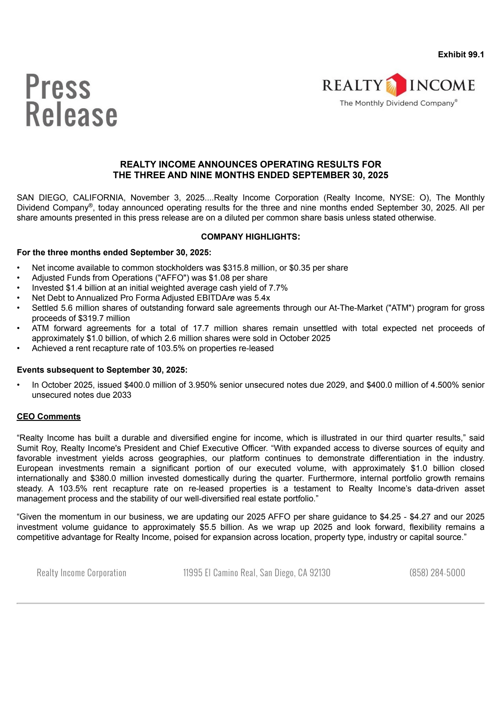 Realty Income's Q3 2025 Earnings Release