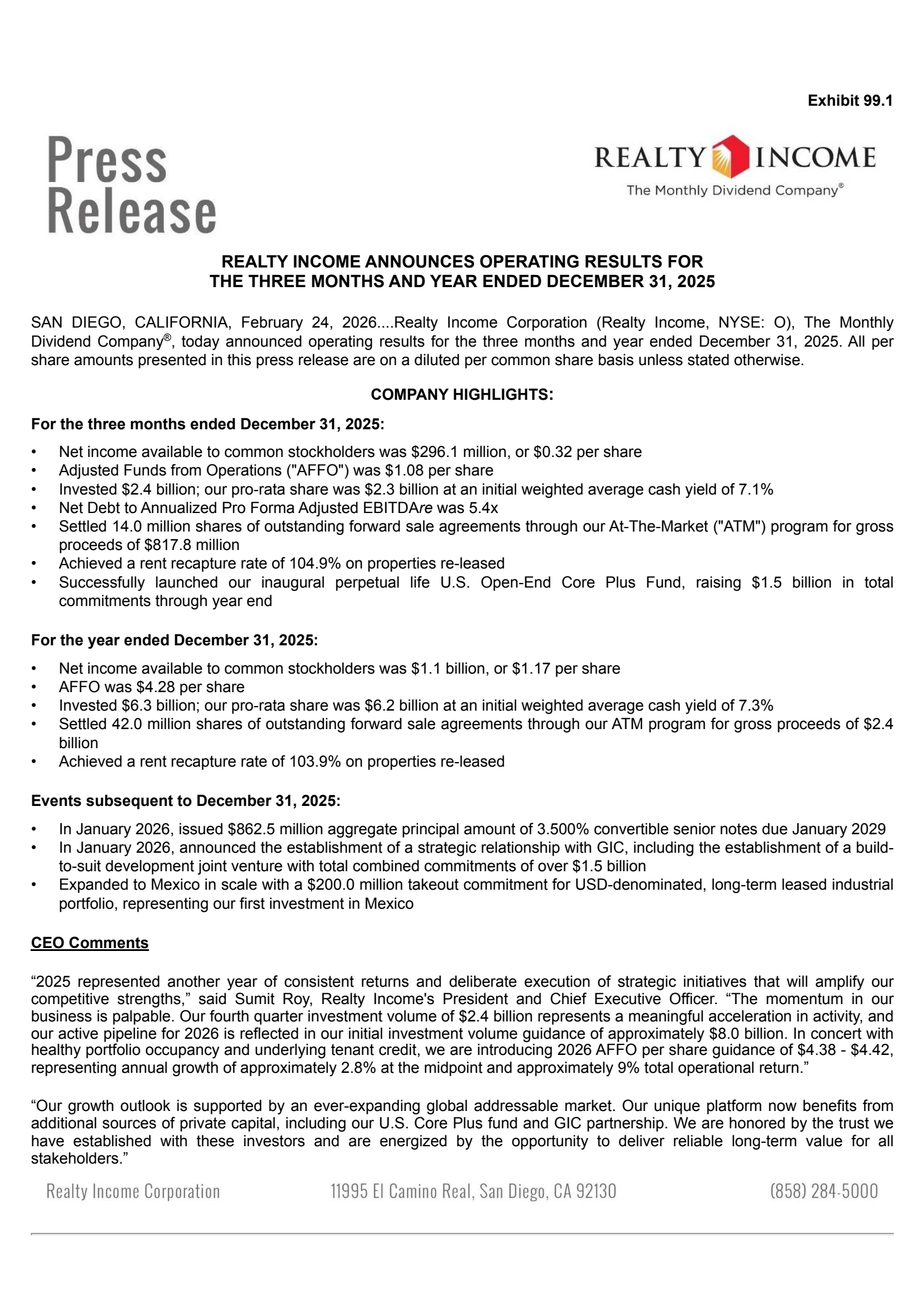Realty Income's Q4 2025 Press Release