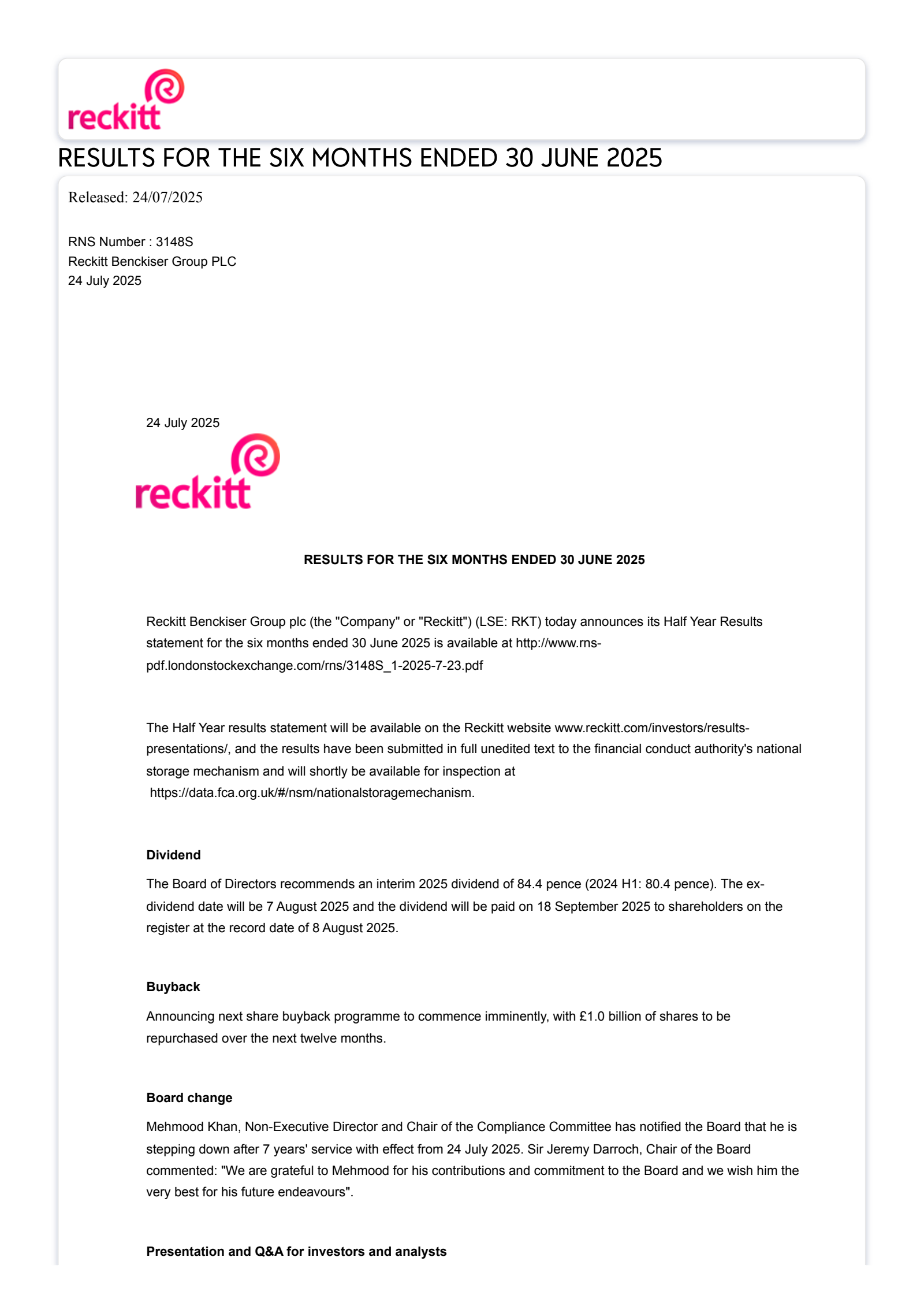 Reckitt Benckiser Group's H1 2025 Interim report