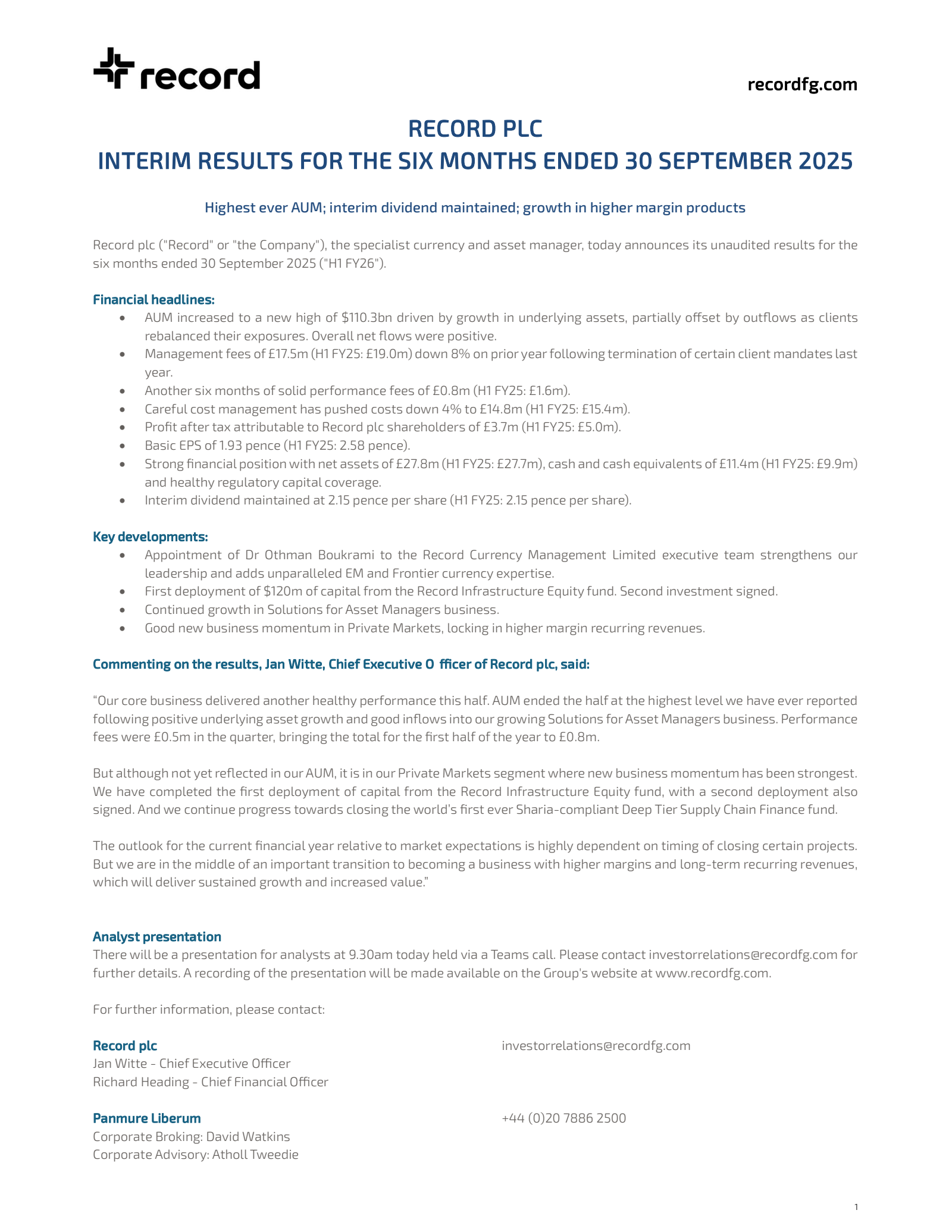Record's H1 2026 Interim Report