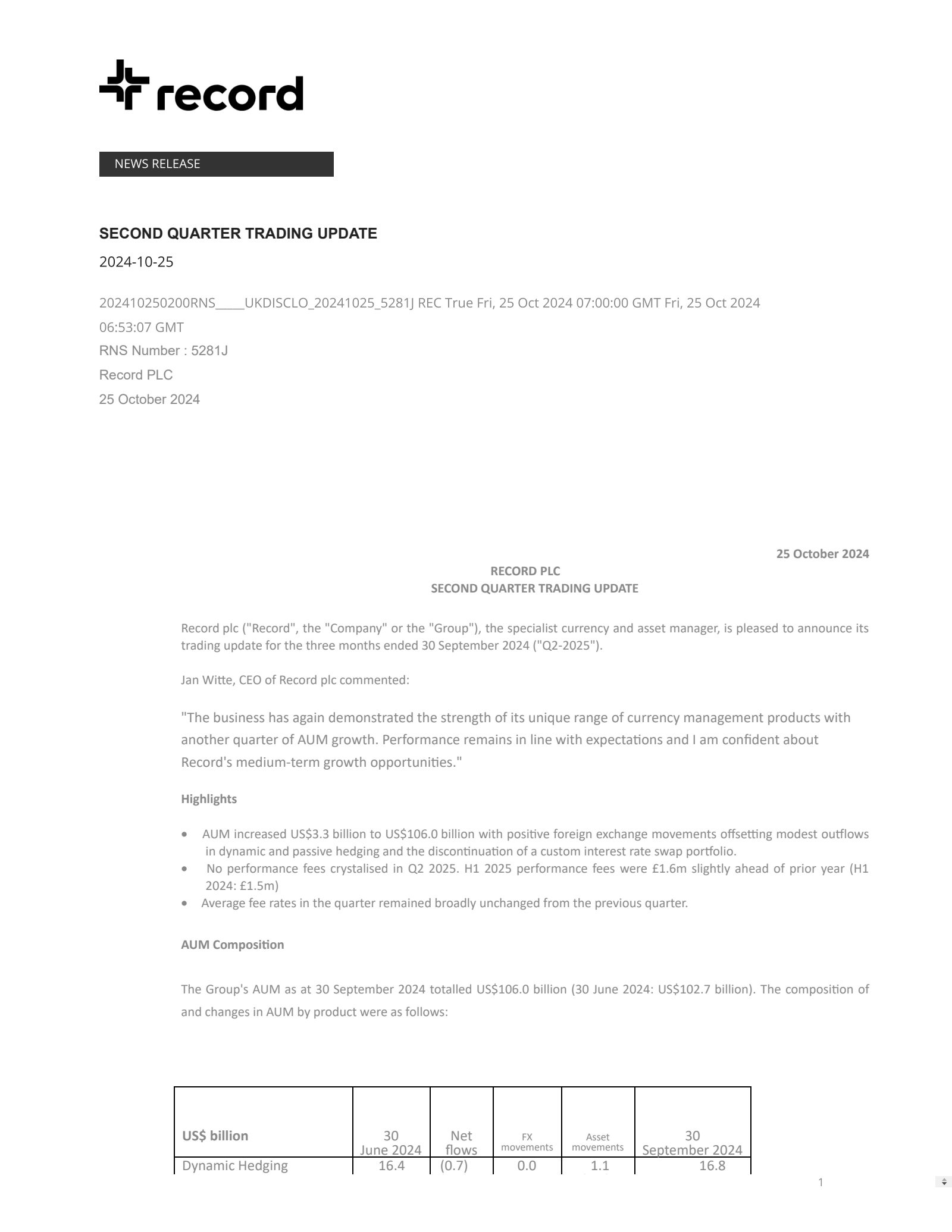 Record's Q2 2025 TU Press Release