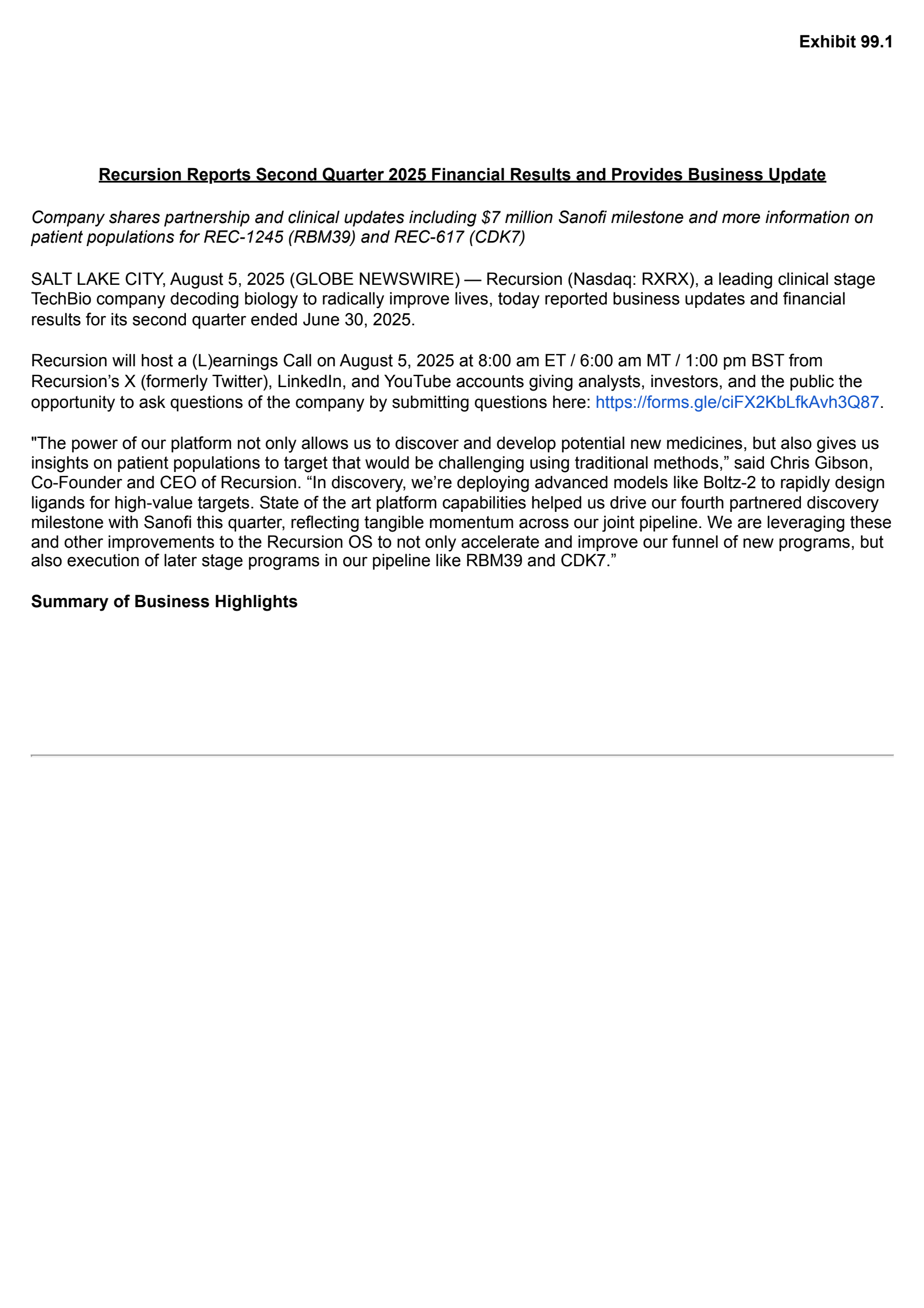 Recursion Pharmaceuticals' Q2 2025 Press Release