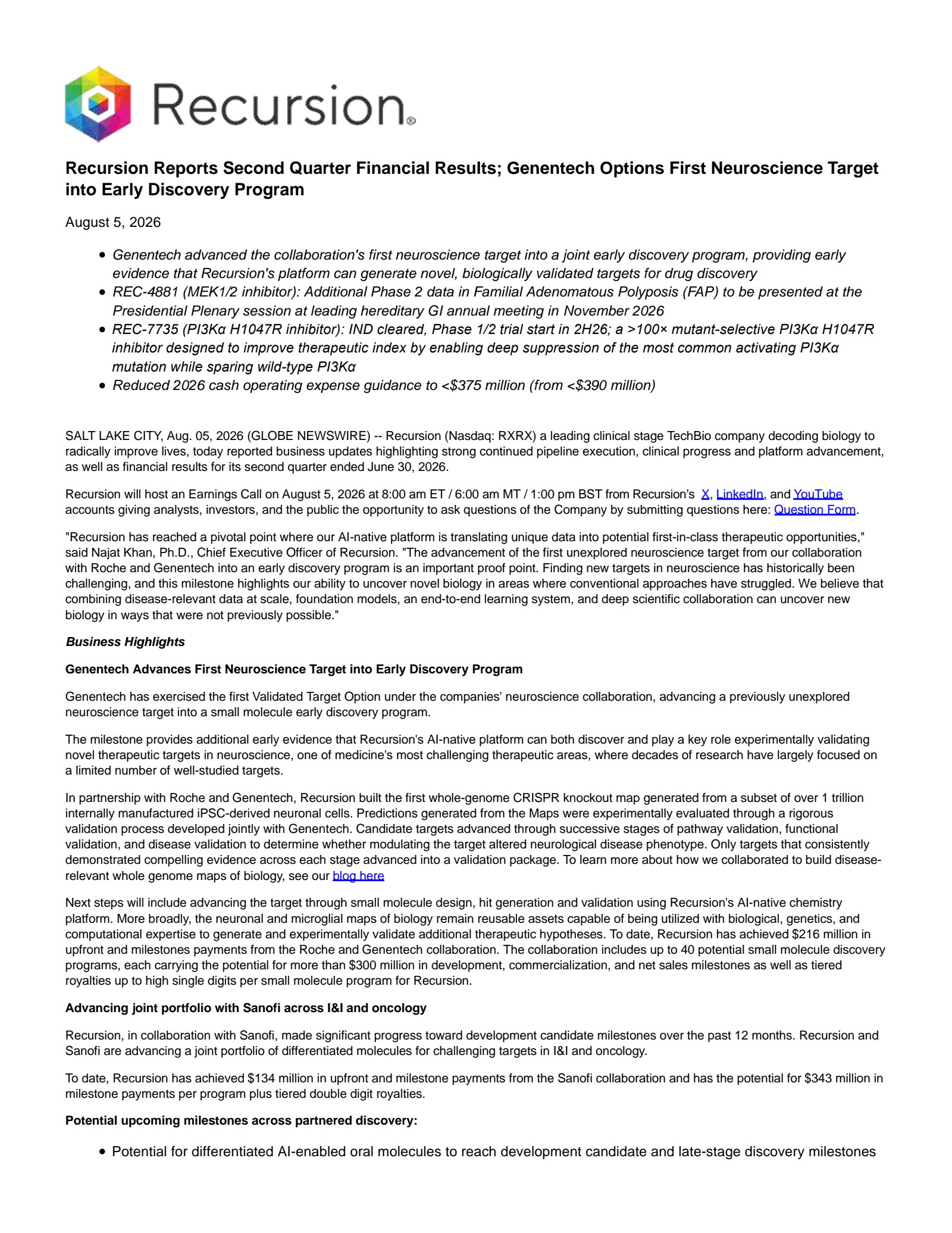 Recursion Pharmaceuticals' Q2 2026 Press Release