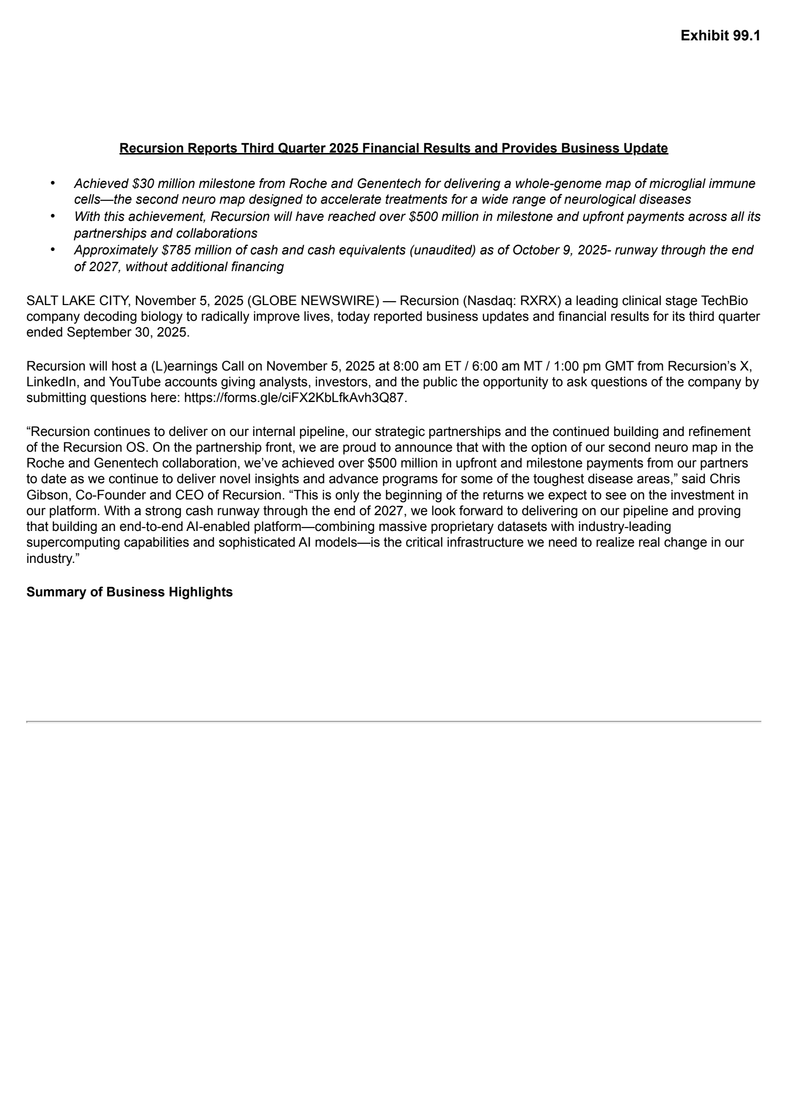 Recursion Pharmaceuticals' Q3 2025 Earnings Release