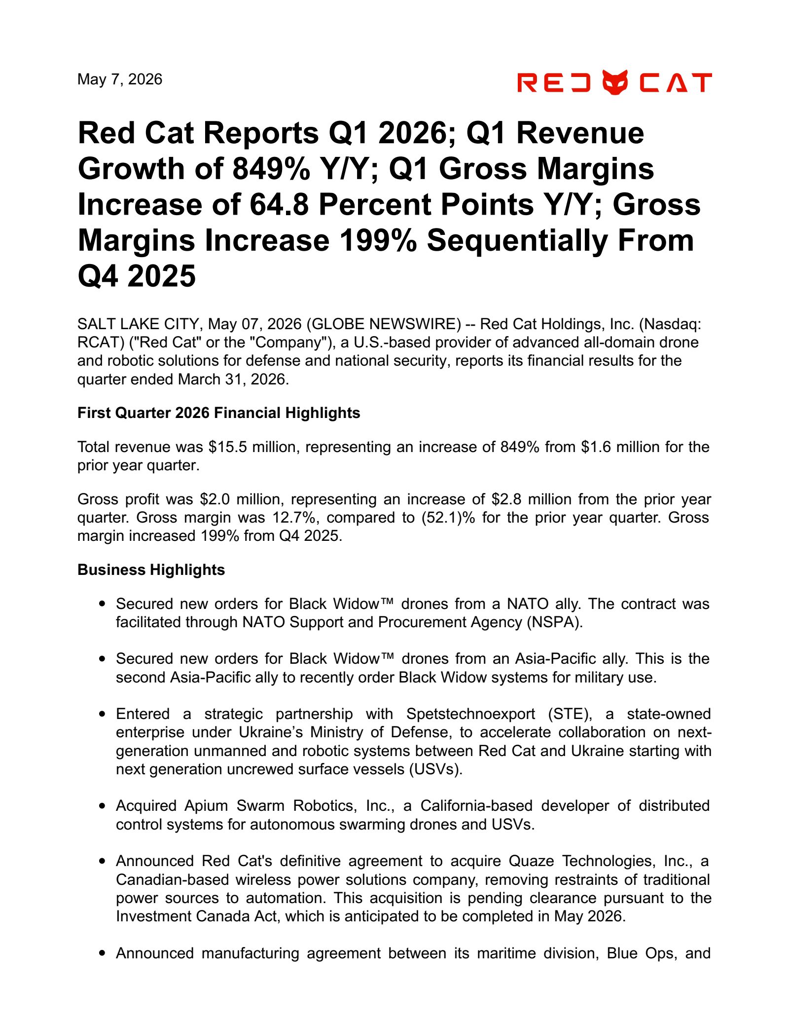 Red Cat's Q1 2026 Press Release