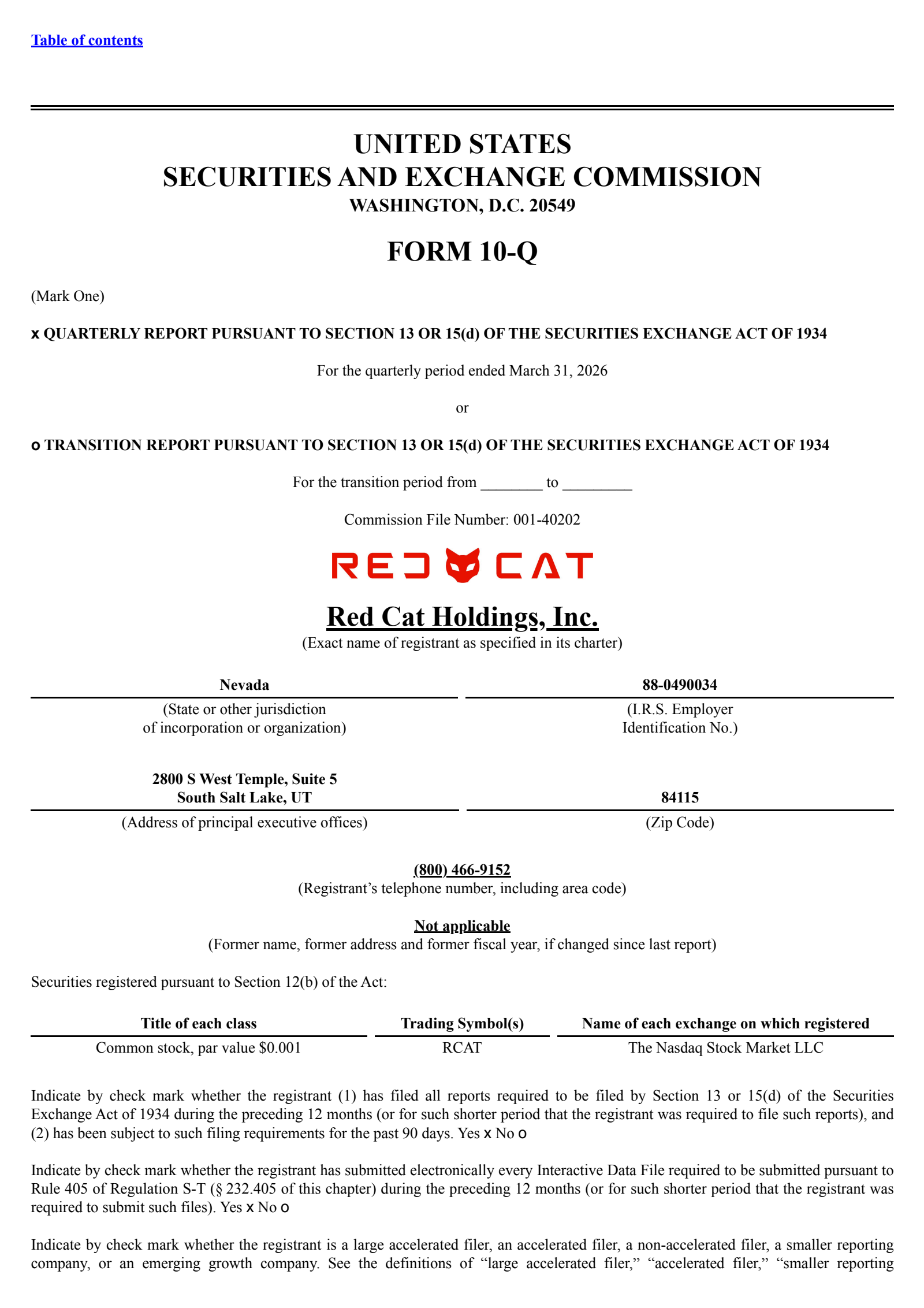 Red Cat's Q1 2026 Quarterly report
