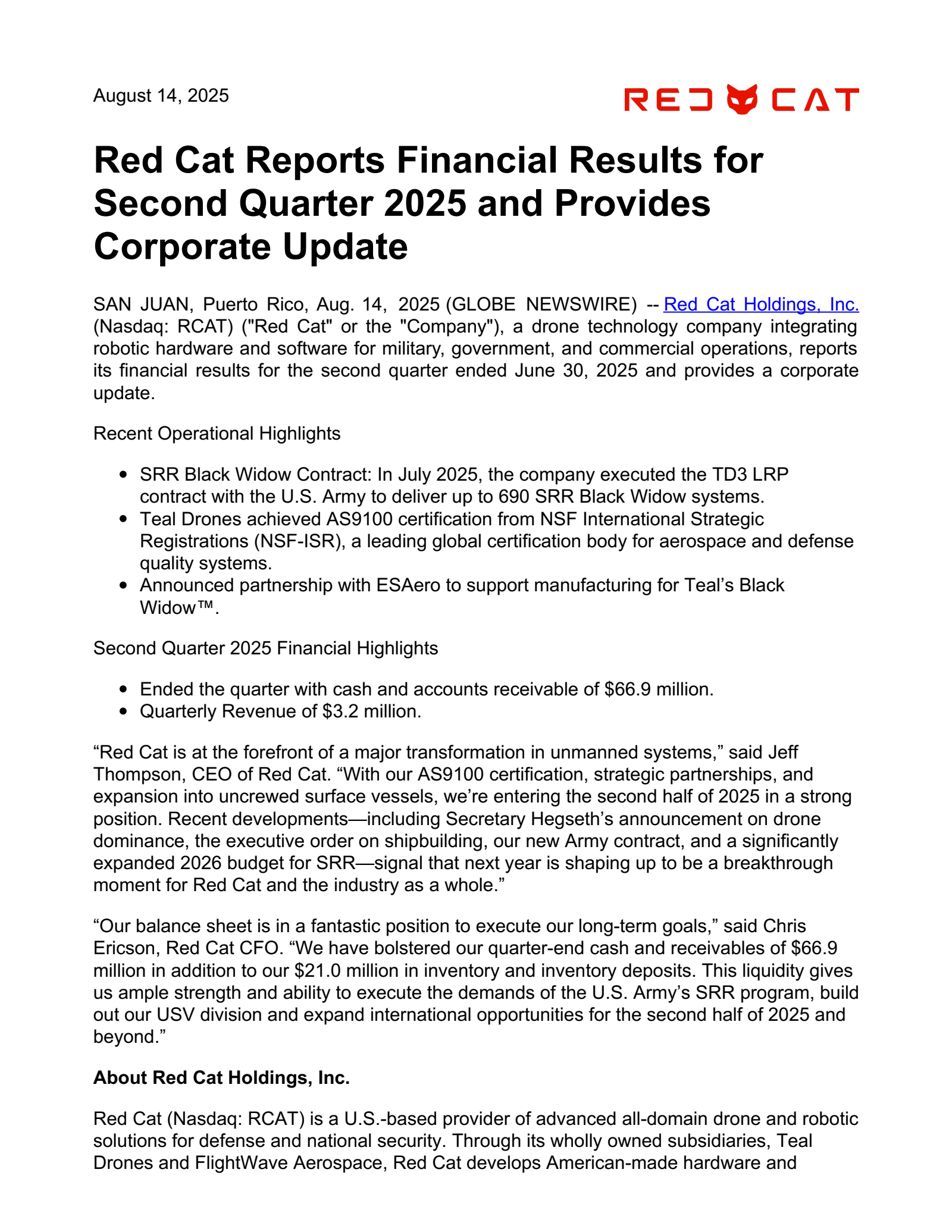 Red Cat's Q2 2025 Press Release