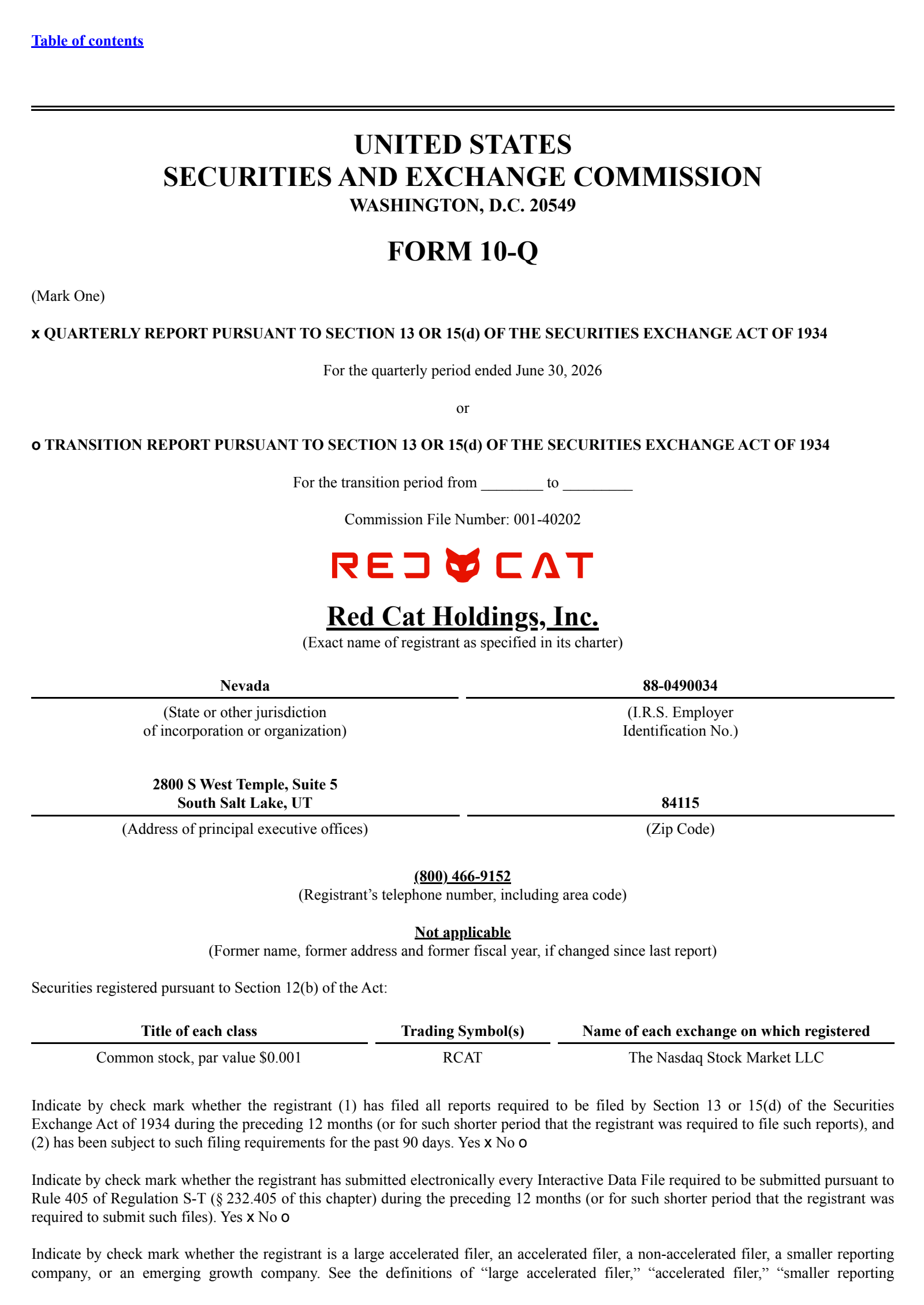 Red Cat's Q2 2026 Quarterly report