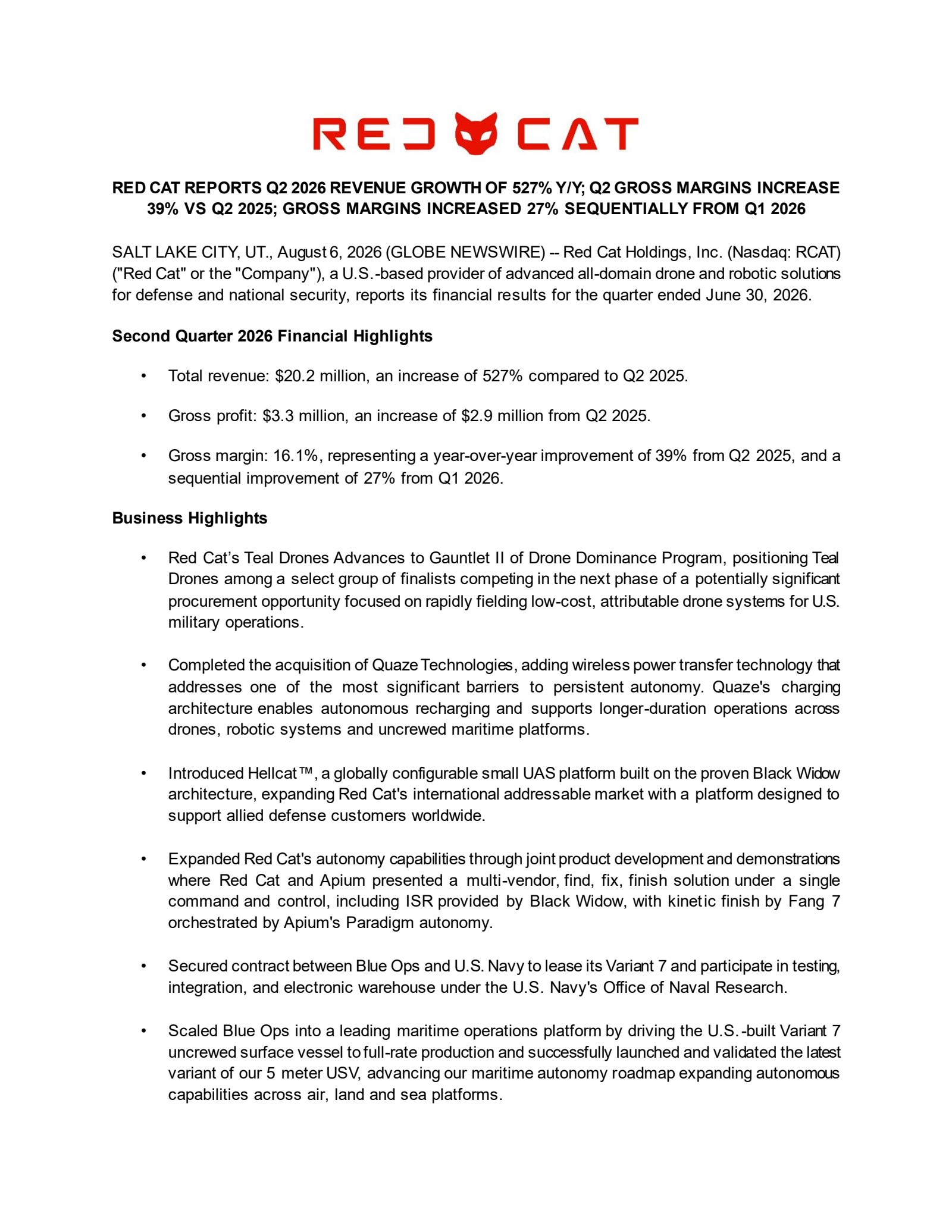 Red Cat's Q2 2026 Press Release