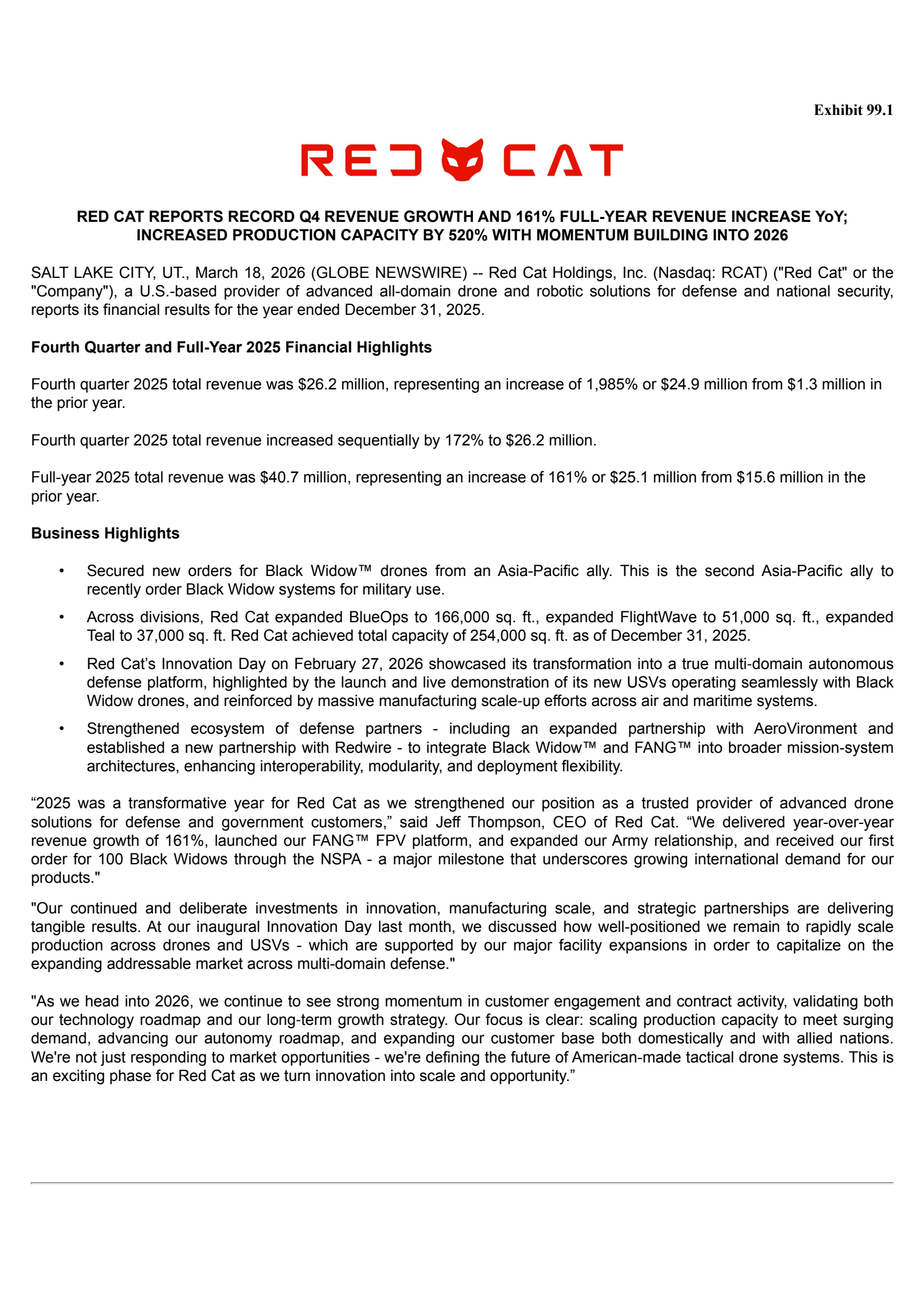 Red Cat's Q4 2025 Press Release